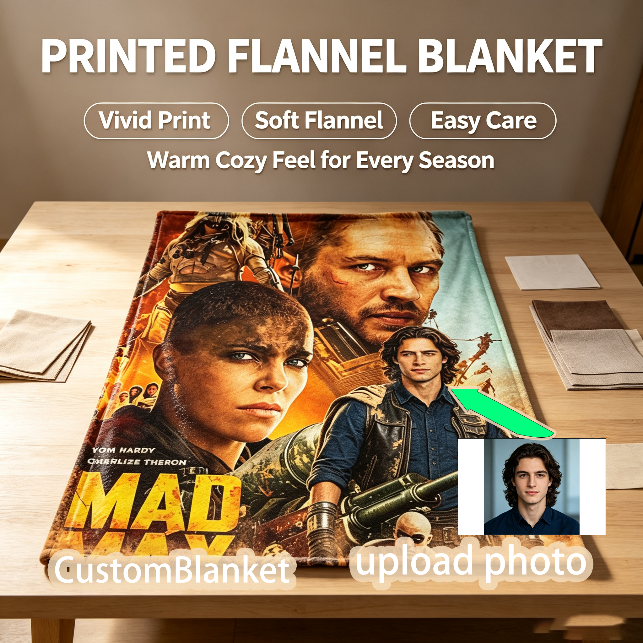 Custom Face Blanket Mad Max Fury Road Flannel Blanket Movie Character Design Perfect for Couch, Bed, or Travel Ideal Gift for Fans and Collectors