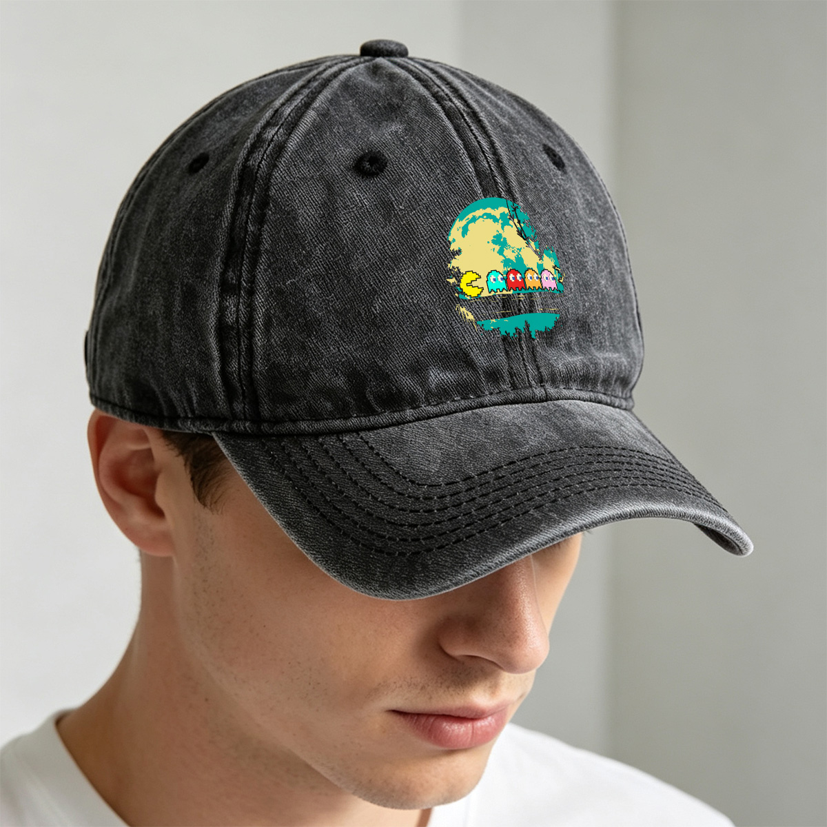 Pac-Man and Ghosts Under the Moon - Washed Denim - Baseball Cap