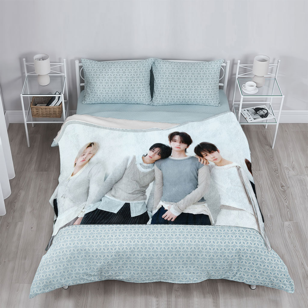 TOMORROW X TOGETHER Members Lying on White Background in Coordinated Outfits - Blankets