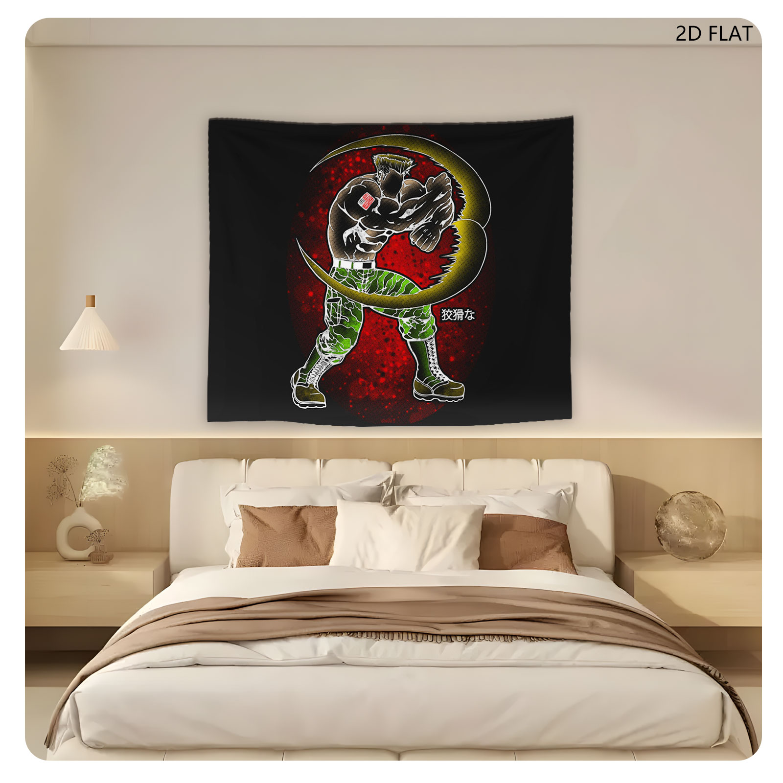 Muscular Soldier with Crescent Moon and Japanese Text - Tapestry