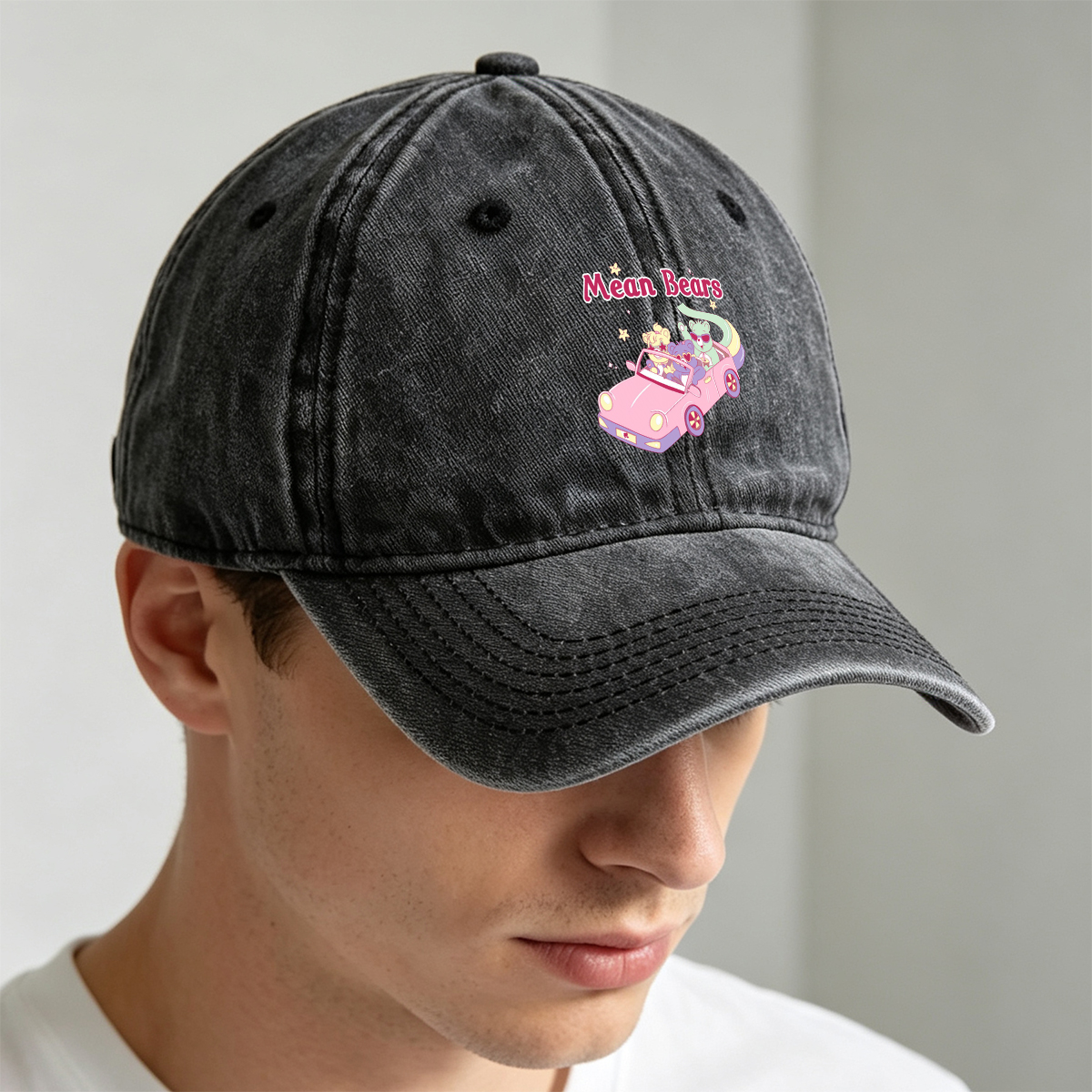 Mean Bears in a Pink Car with Three Cute Characters - Washed Denim - Baseball Cap