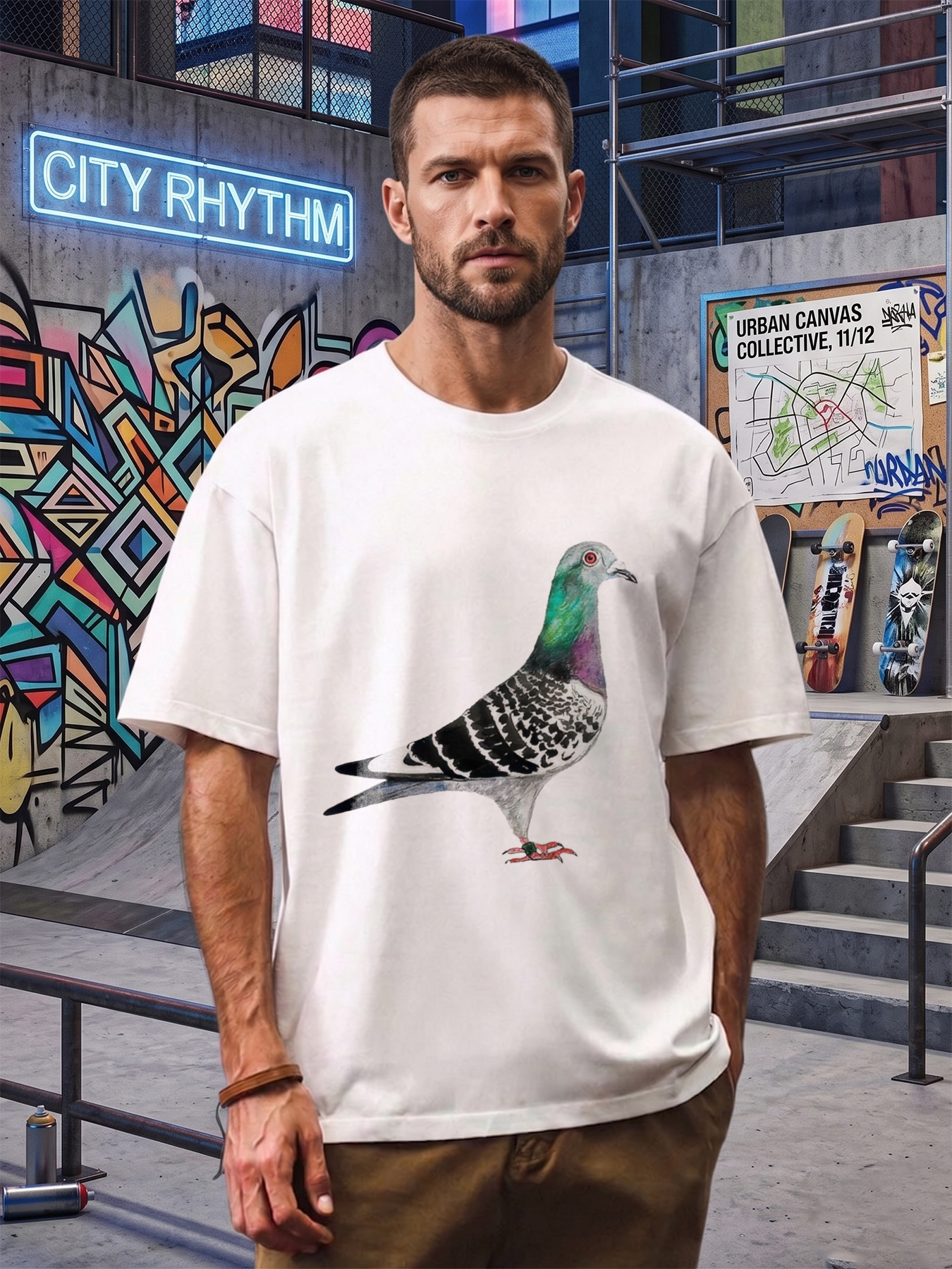 Men's Printed T-Shirt Featuring Colorful Pigeon Design with Vibrant Feathers and Detailed Artwork, Casual Round Neck Lightweight Breathable Summer Short Sleeve T-Shirt for Outdoor Activities, Urban Streetwear, Nature Lovers and Bird Enthusiasts
