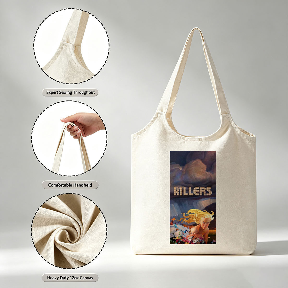 The Killers Dreamy Landscape with Blonde Woman Among Flowers and Butterflies - Canvas shoulder bags/