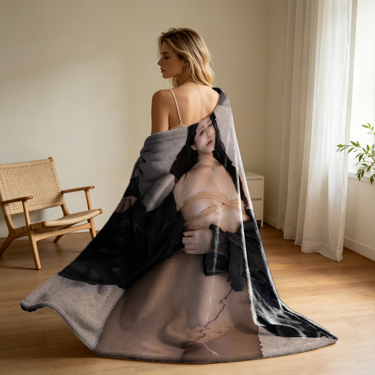 Two Women in Lingerie Embracing on White Sofa - Blanket
