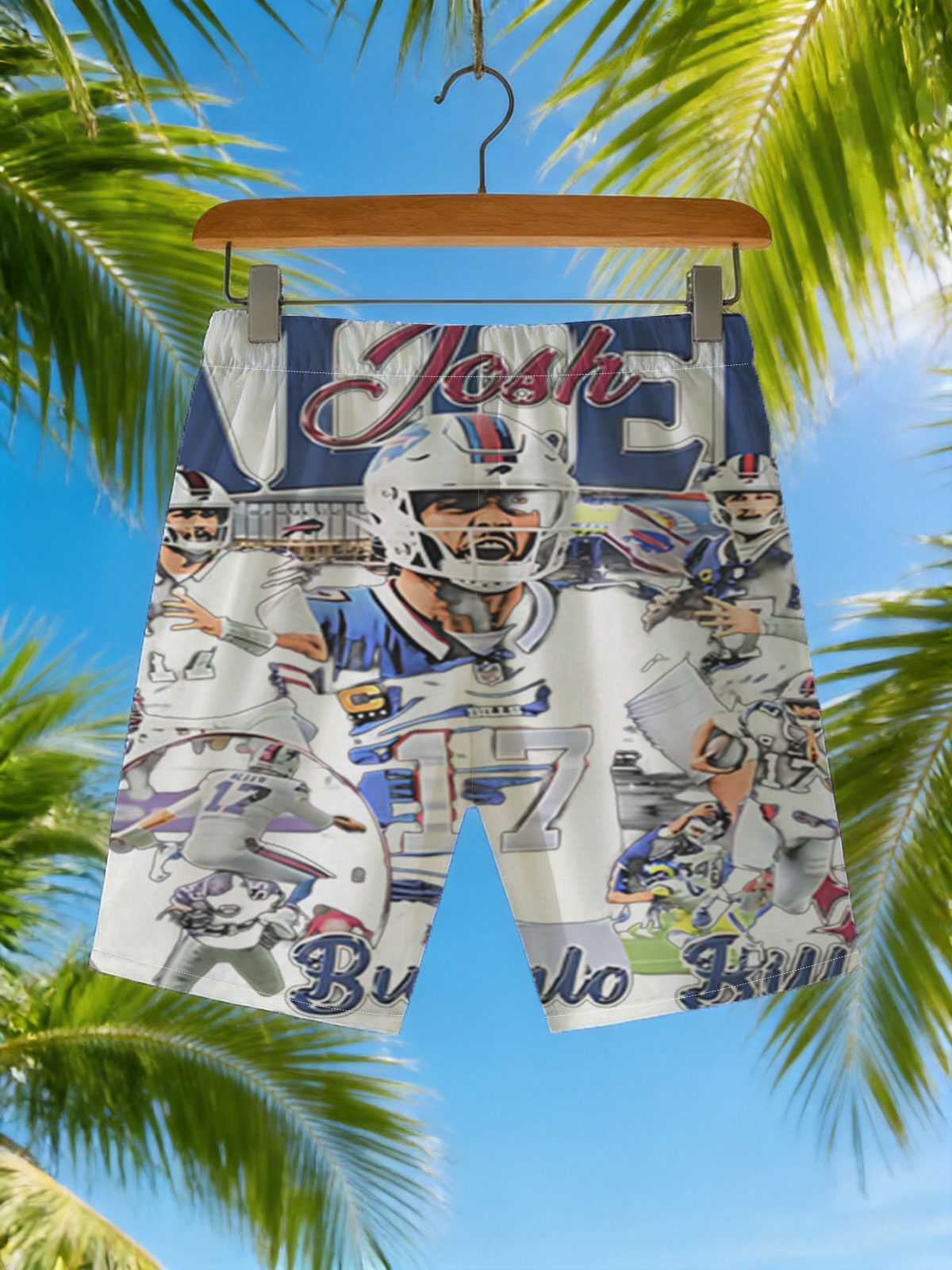 Josh Allen, Buffalo Bills QB #17, NFL Football Star in Action -  Beach shorts