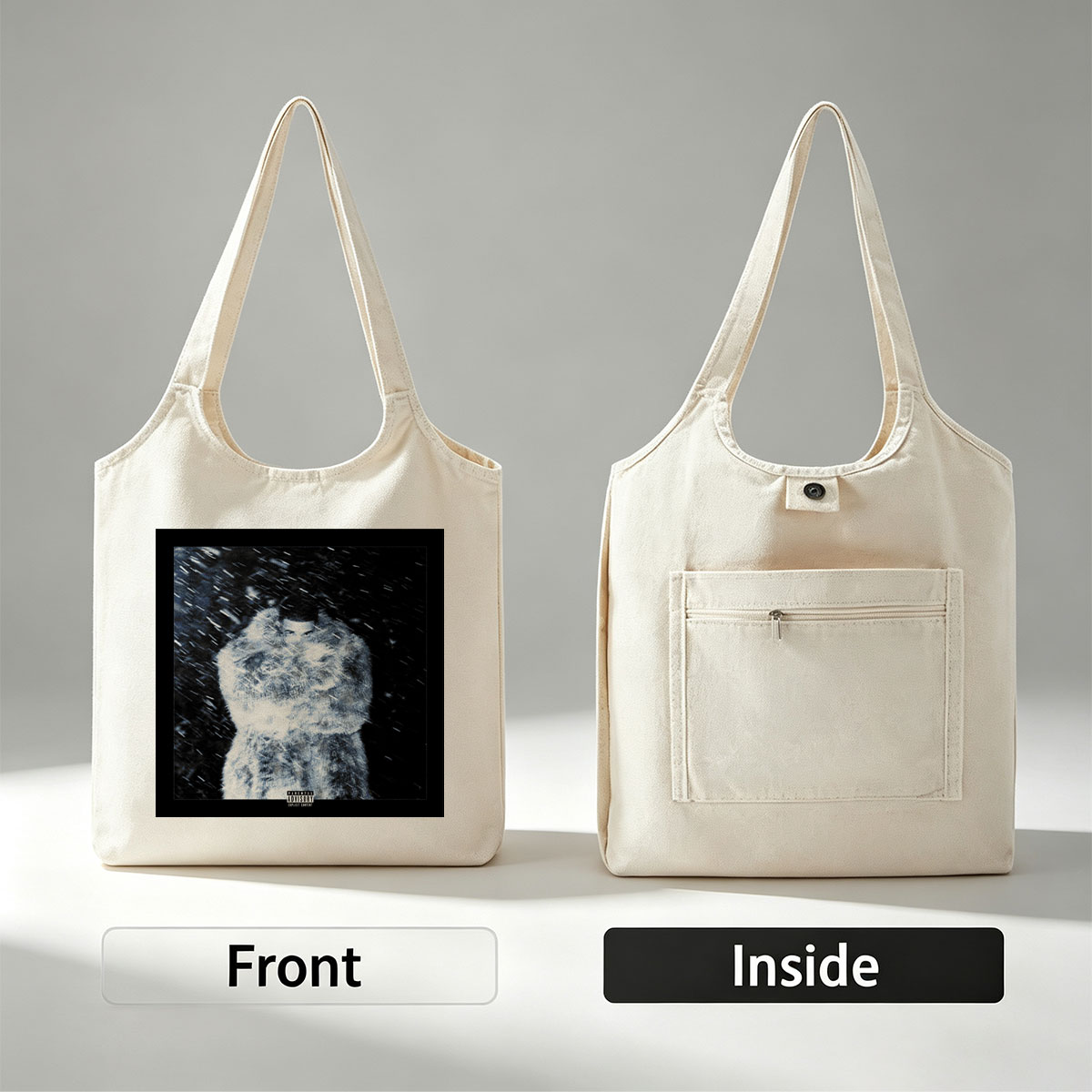 The Weeknd in Snowstorm - Artist Wrapped in Fur Coat Amid Heavy Snowfall - Canvas shoulder bags/