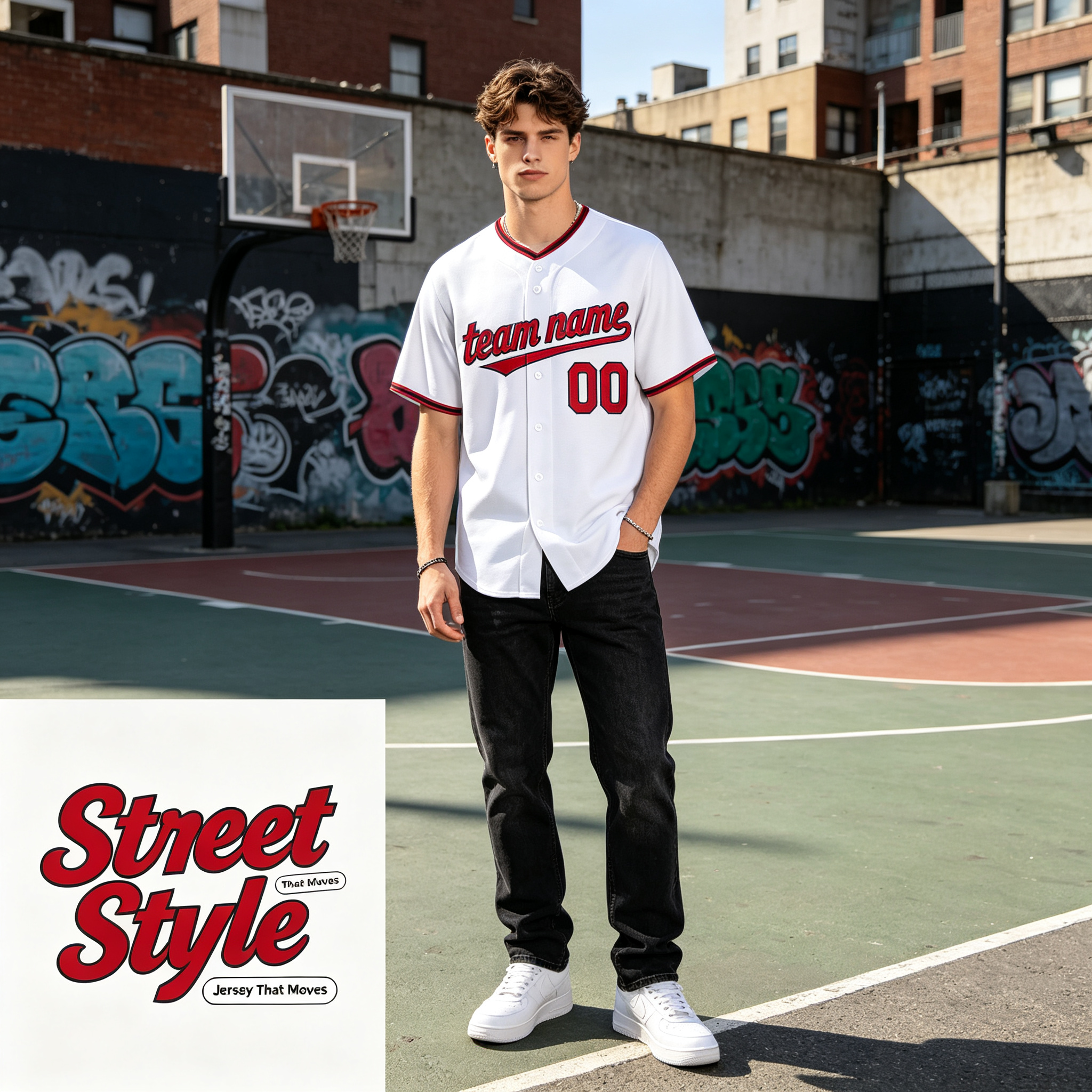 Custom Printed Cleveland Script Style Baseball Jersey White Navy Red Trim Button Down Shirt for Men and Women