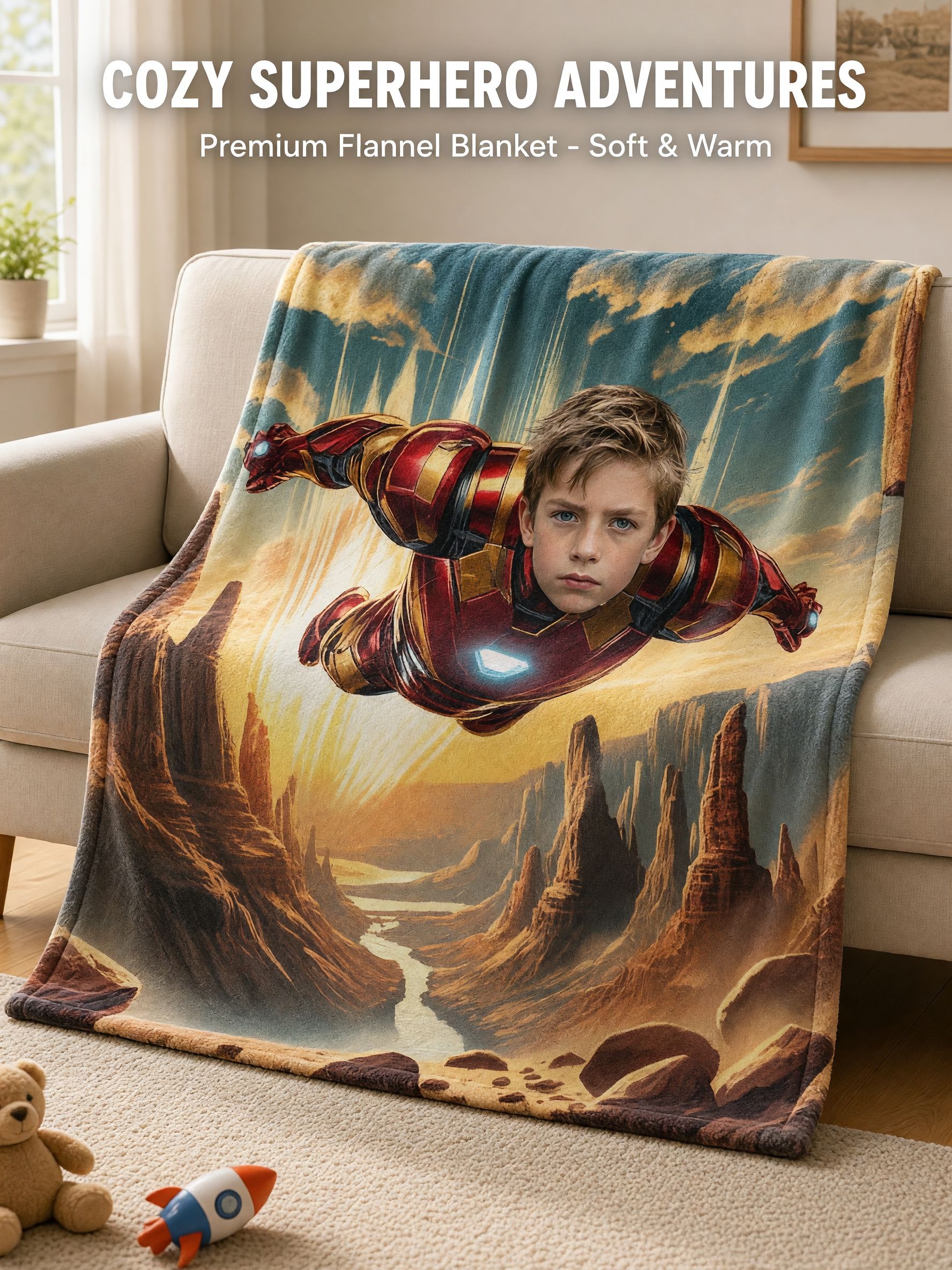 Personalized Superhero Face Photo Flannel Blanket Custom Armored Flying Hero Throw for Kids Couch Bed