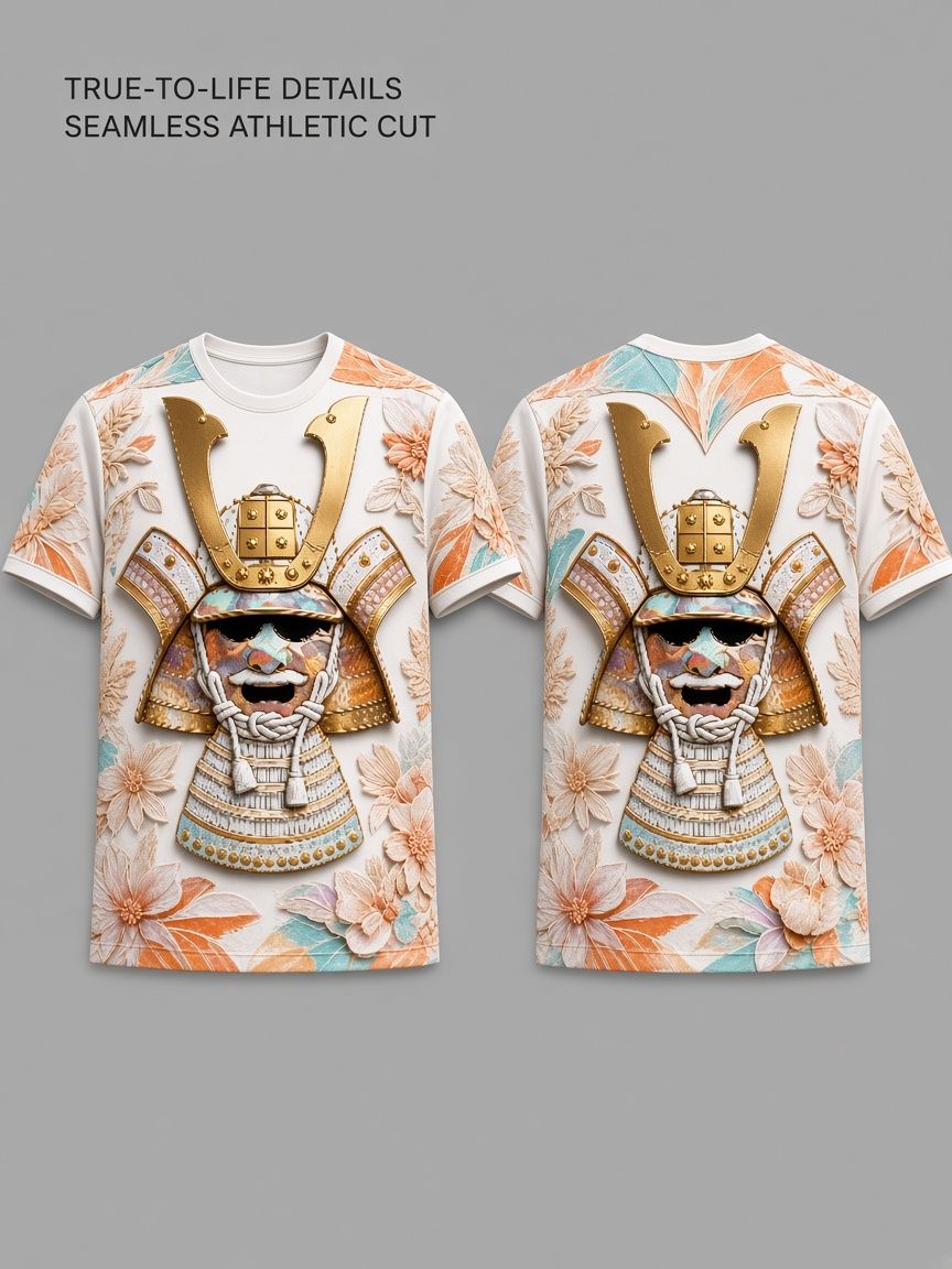 Golden Samurai Armor 3D Optical Illusion Graphic Tee Breathable Athletic Mesh T-Shirt for Casual and Sports Wear