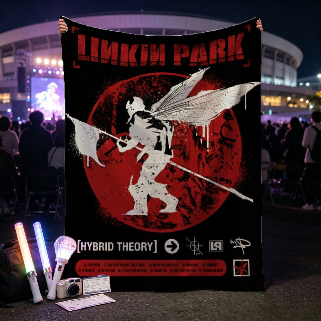 Linkin Park Album Cover Featuring Angelic Figure with Wings and Spear Against Red Circle Background - Blankets