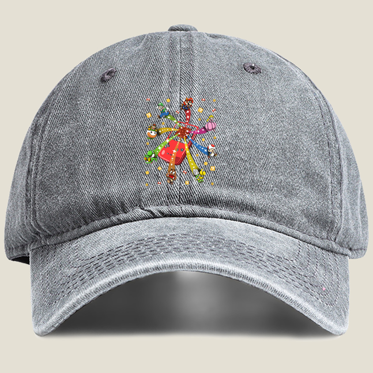 Super Mario Characters Bursting from a Game Console - Washed Denim - Baseball Cap
