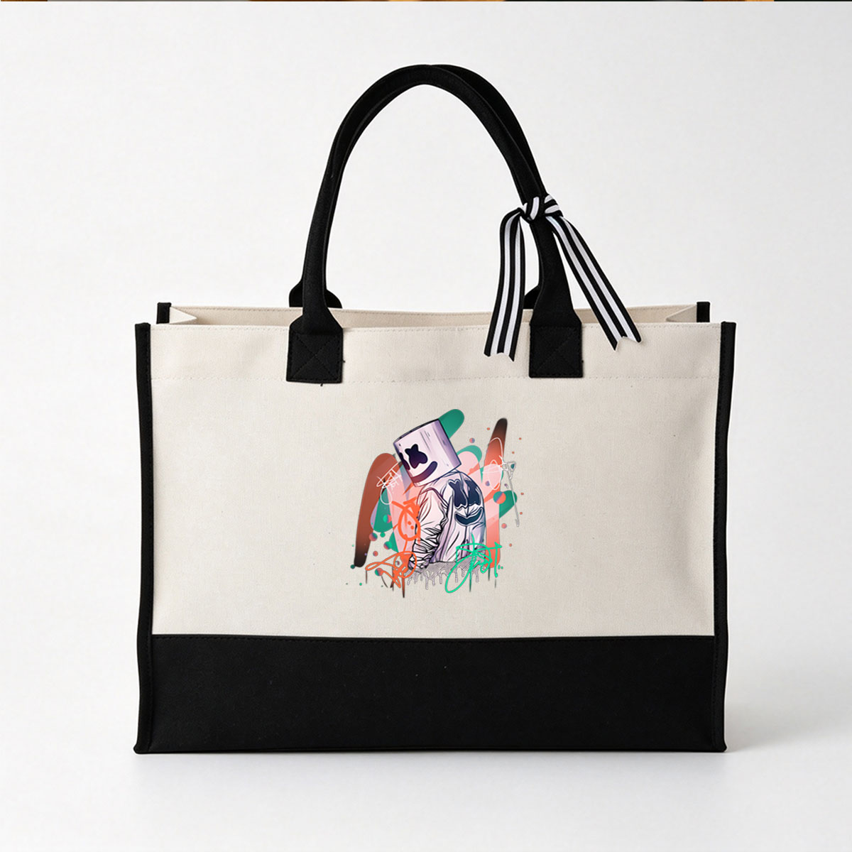 Marshmello in a vibrant, abstract art style with colorful graffiti elements - Canvas patchwork gift tote bag