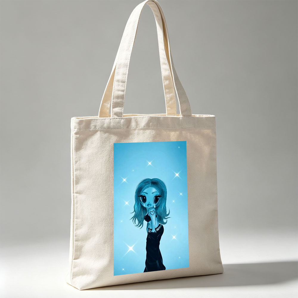 Aqua Blue Anime Girl in Black Dress with Heart Tattoo on Starry Background - Canvas tote bags