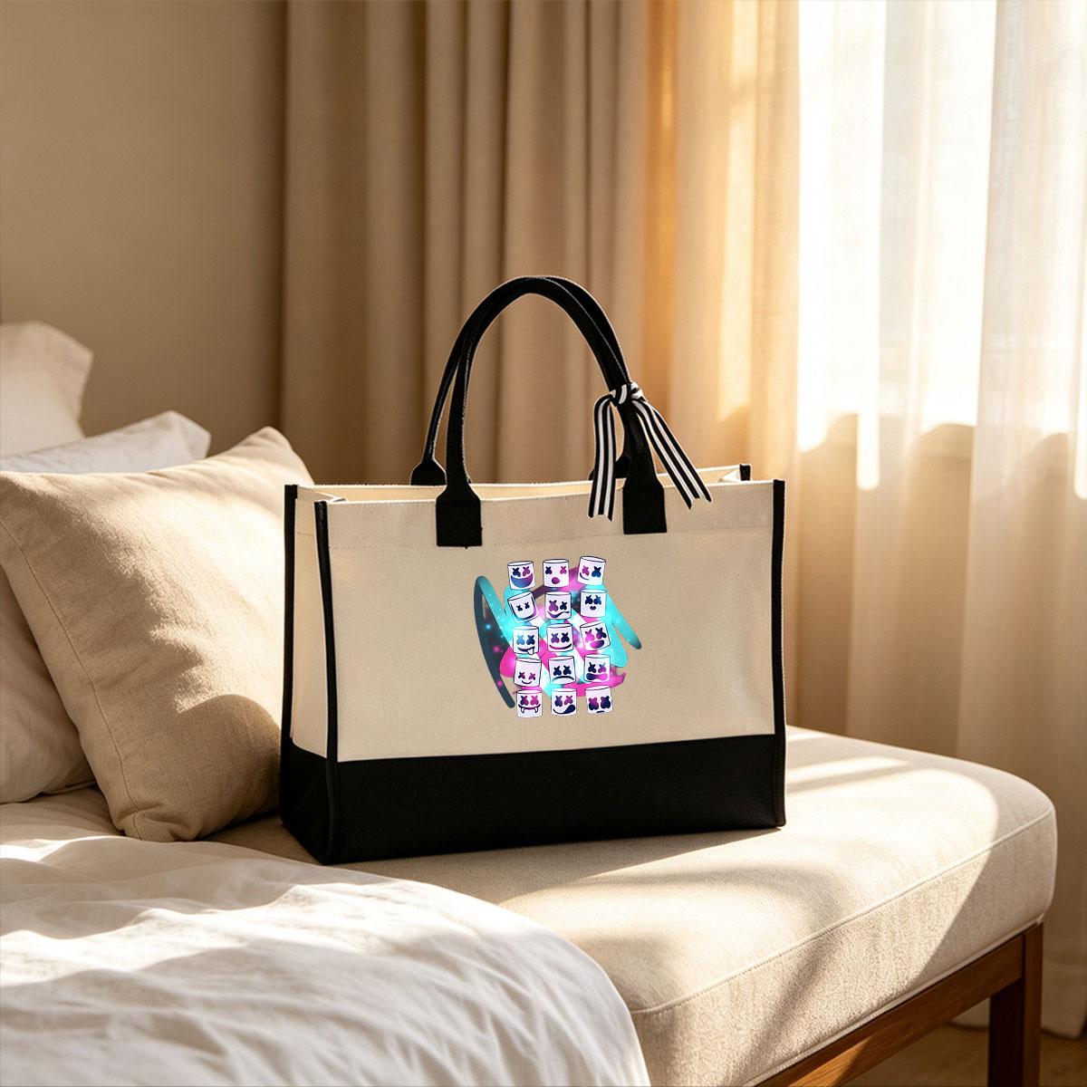 Marshmello: 12 Emoji Faces with Expressive Smiles and X-Eyes on a Glowing Background - Canvas patchwork gift tote bag