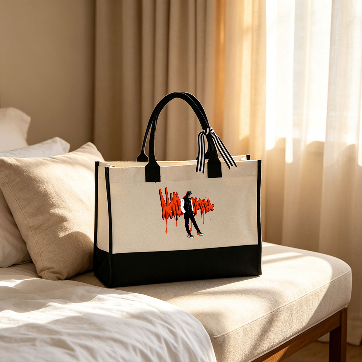 Drip Drip Drip: Urban Street Art Featuring a Silhouetted Figure with Bold Red Graffiti Text - Canvas patchwork gift tote bag
