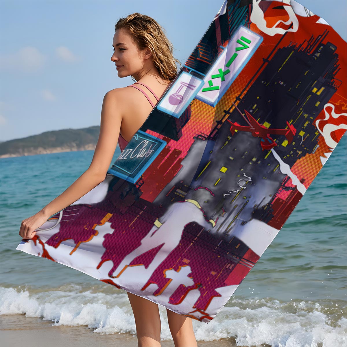 Cowboy in Neon City: Ramen, Jazz Club, and Flying Plane - Beach towels