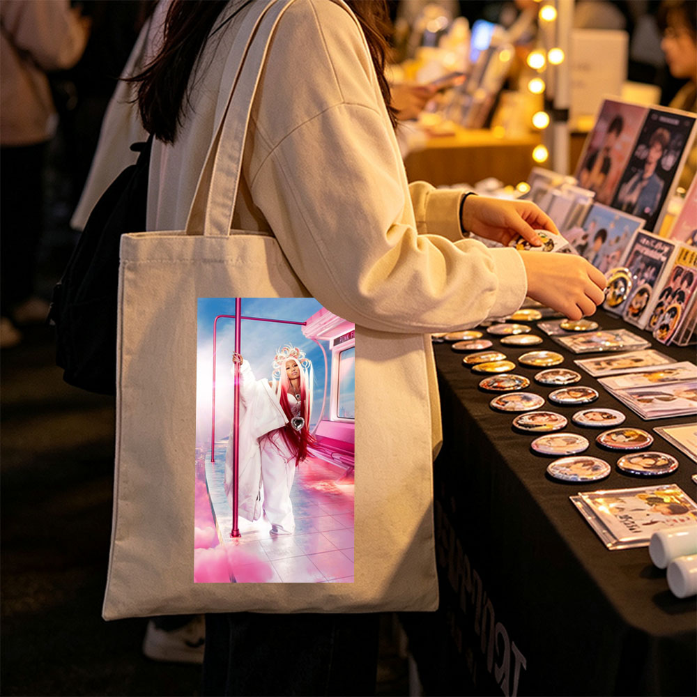 Nicki Minaj in a Pink Fantasy Scene with Futuristic Bus and Clouds - Canvas tote bags