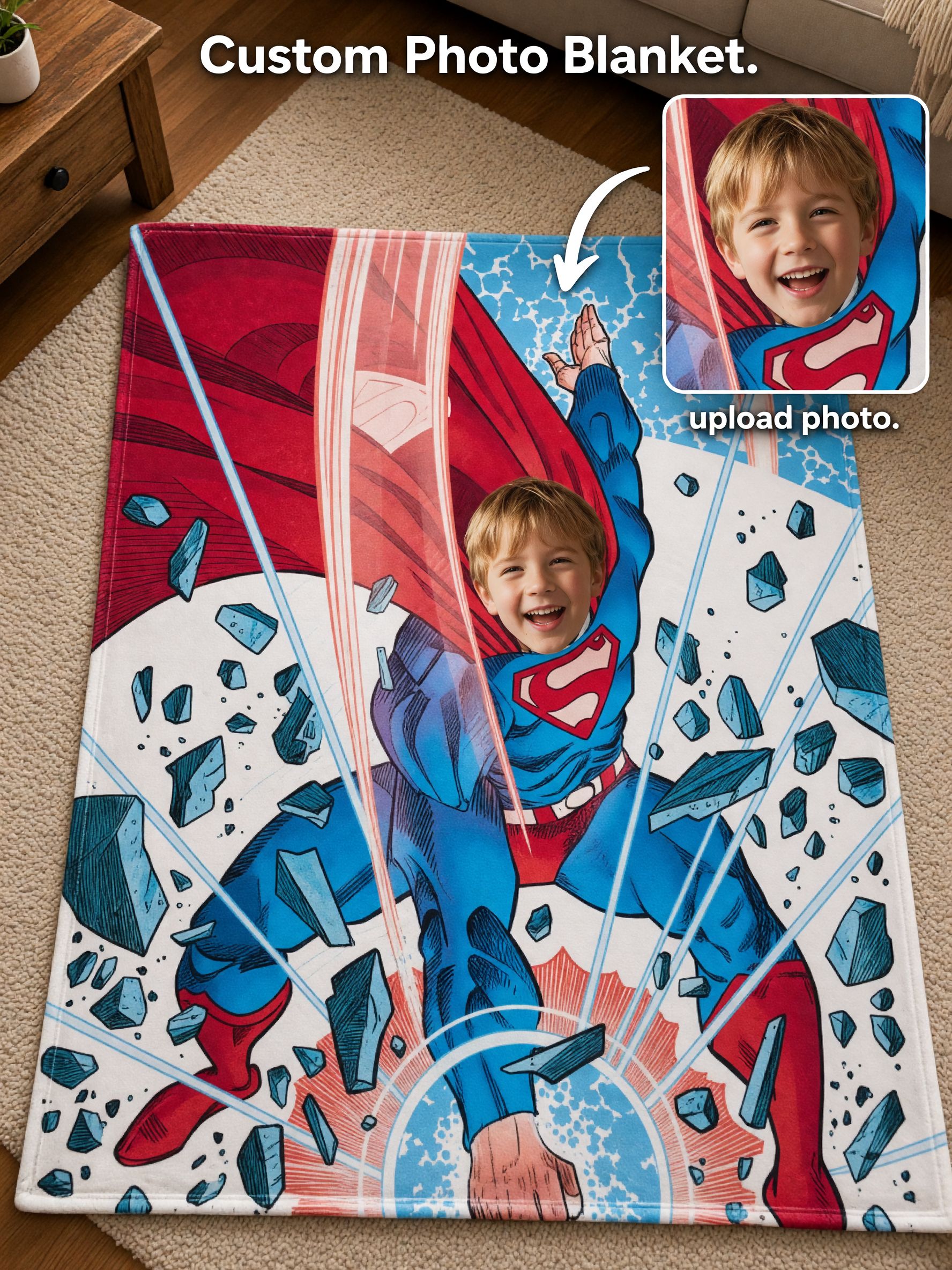 Custom Face Superhero Flannel Fleece Blanket, Personalized Comic Throw, Ideal Personalized Gift for Kids and Family