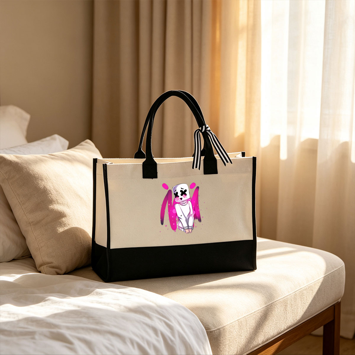 Marshmello in Pink Vibes Artwork - Canvas patchwork gift tote bag