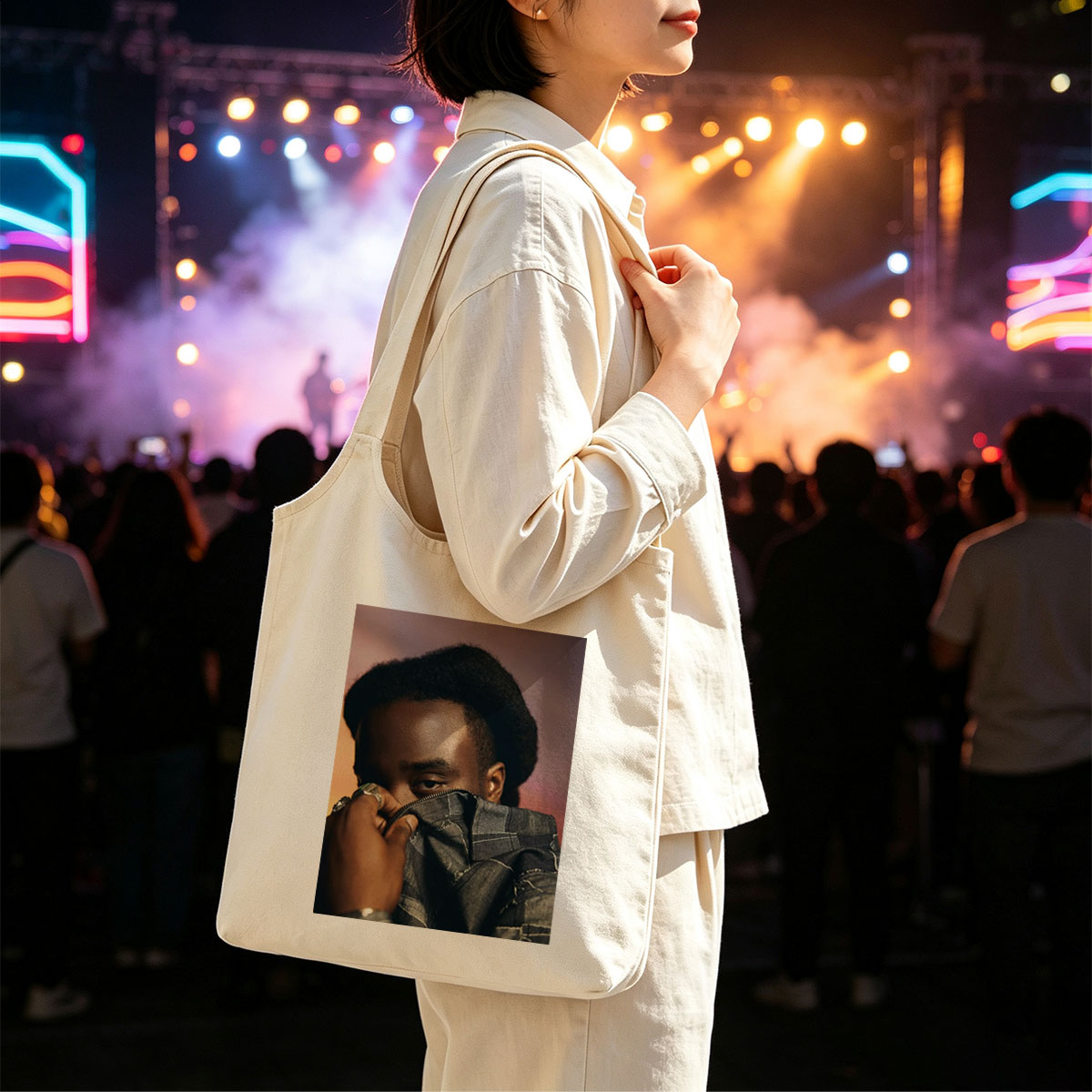 Kendrick Lamar in a Bold Pose Holding Denim Jacket to Face - Canvas shoulder bags/