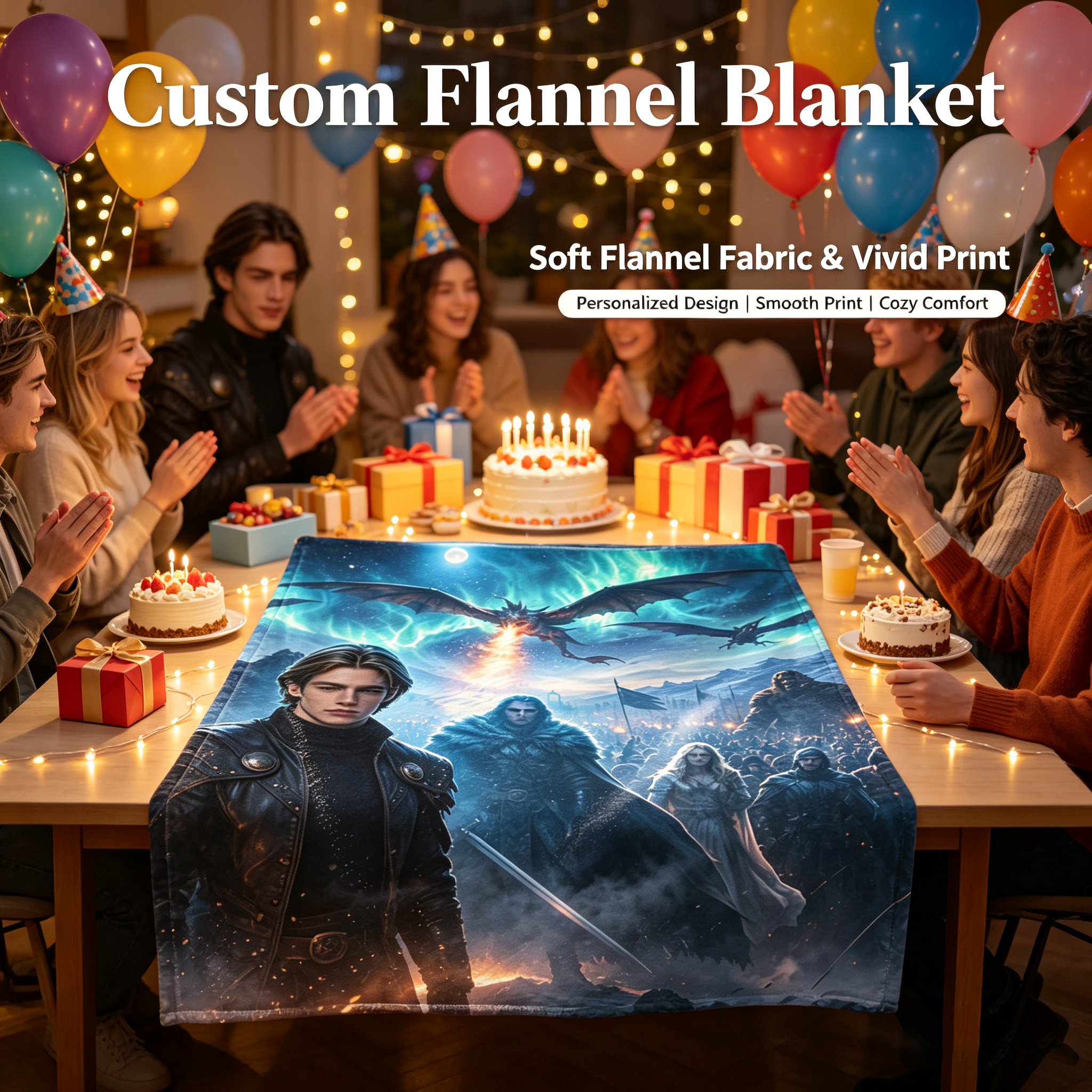 Custom Face Blanket - Epic Fantasy Warrior with Dragon Sky Scene Flannel Blanket - Cozy Bedroom Decor for Fans of Fantasy Art - Perfect Gift or Giveaway for Sci-Fi and Fantasy Enthusiasts