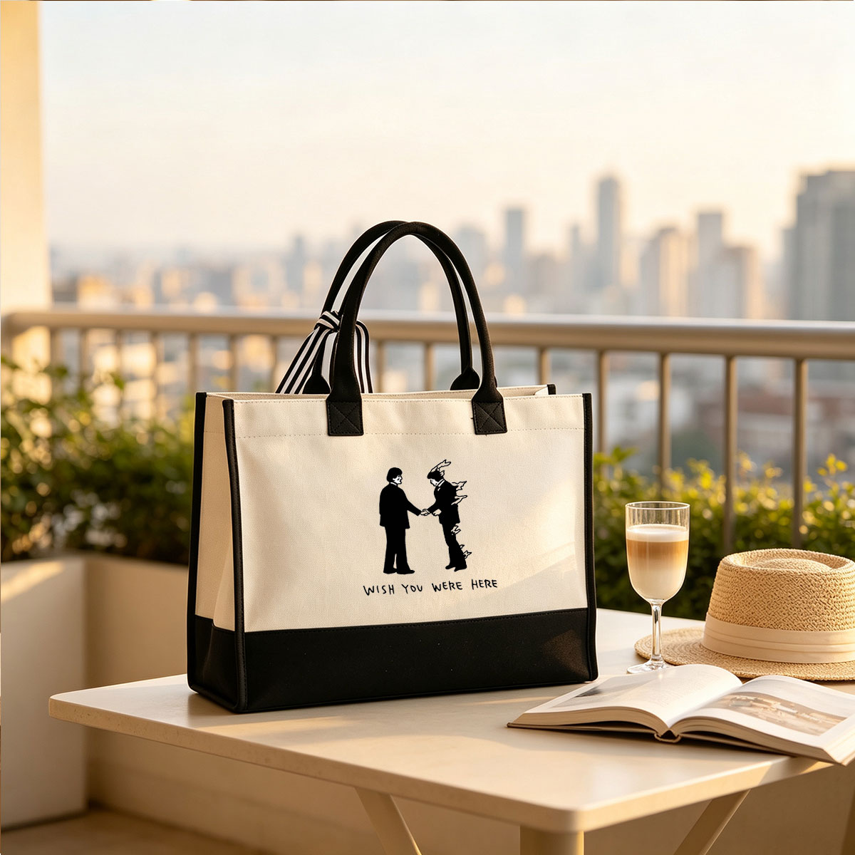 Wish You Were Here: Two Figures in Suits Shaking Hands, One with Fiery Details - Canvas patchwork gift tote bag
