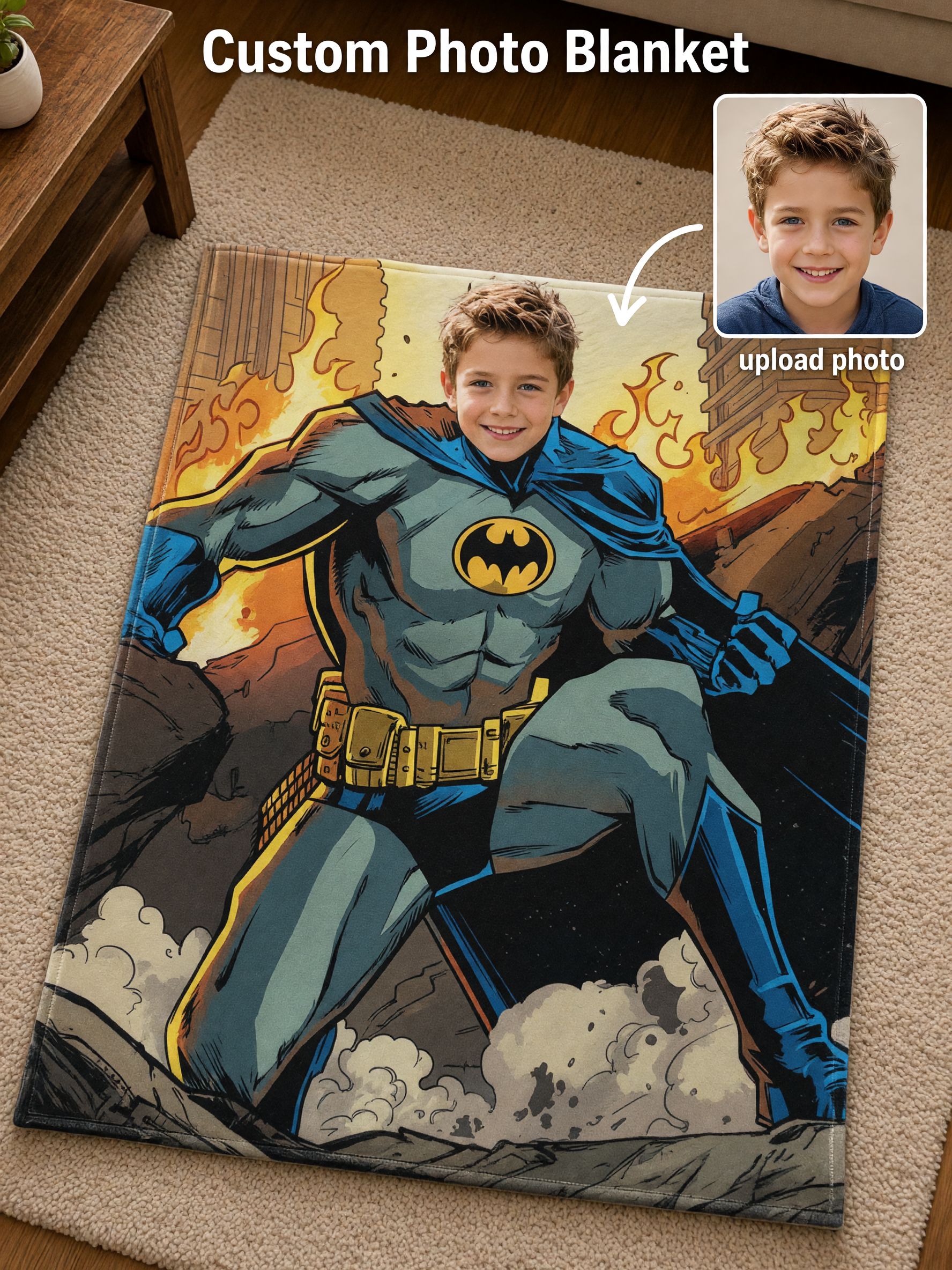 Custom Superhero Face Blanket, Personalized Photo Soft Flannel Fleece Throw, Unique Keepsake Gift for Kids and Boys