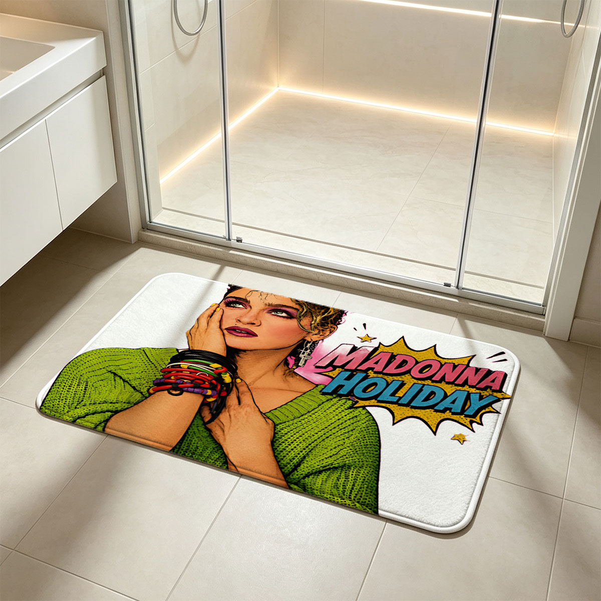Madonna Holiday: Iconic Pop Star in Vibrant Green Sweater and Bold Accessories - Flannel floor mat