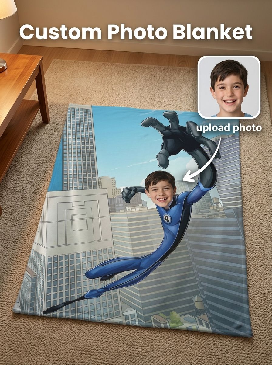 Custom Face Superhero Flannel Throw Blanket Personalized Photo Comic Plush Bed Cover for Kids and Adults Cozy Gift
