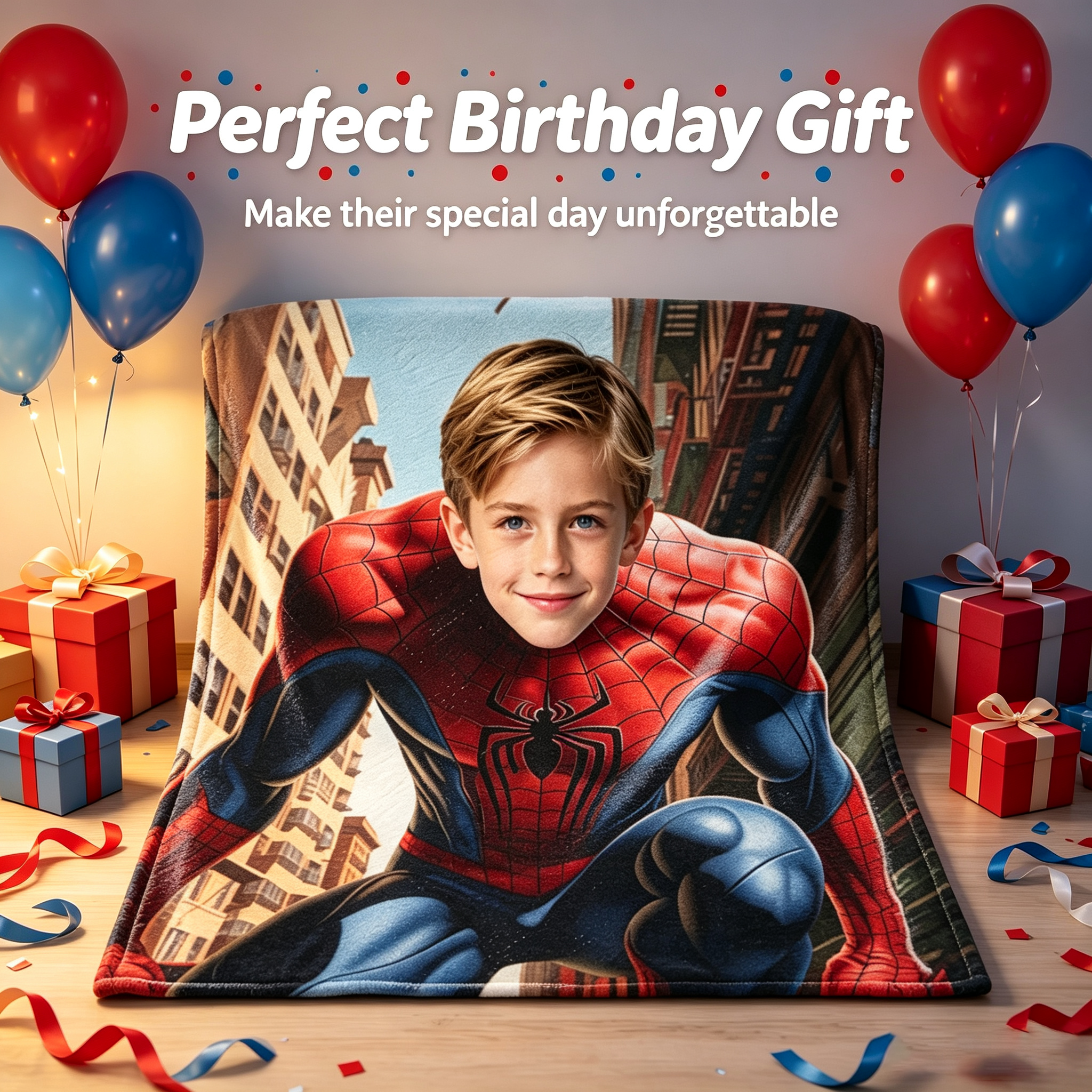 Custom Spider Man Photo Flannel Blanket Personalized Superhero City Background Throw Blanket For Kids Boys Birthday Gift