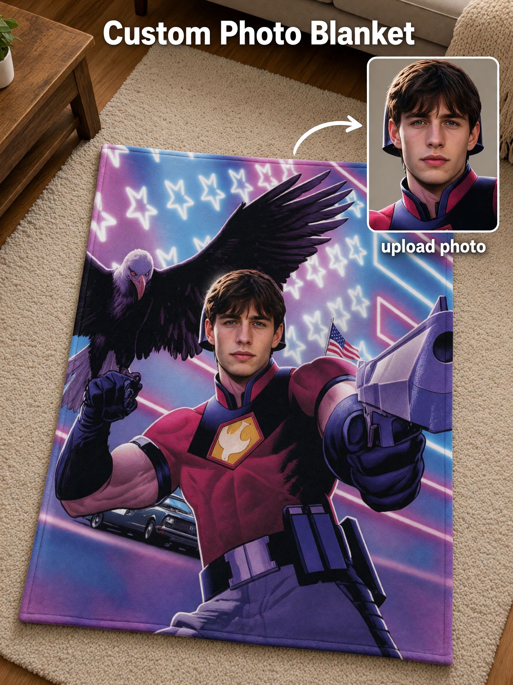 Custom Face Photo Superhero Flannel Fleece Blanket, Personalized Comic Portrait Throw for Couch Bed Travel Warm Gift