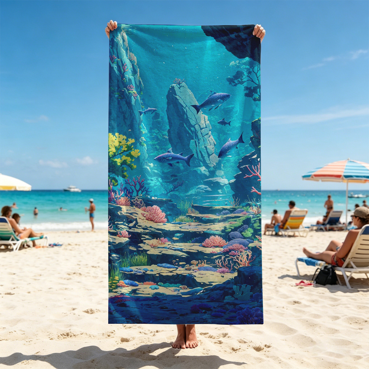Underwater Paradise with Colorful Coral and Swimming Fish - Beach towels