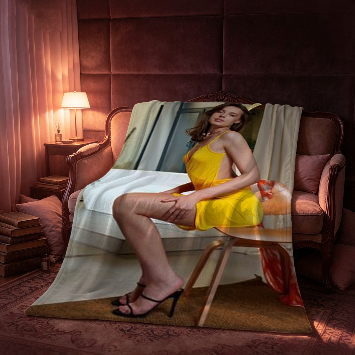 Blonde woman in white lace lingerie posing on a couch - Blanket