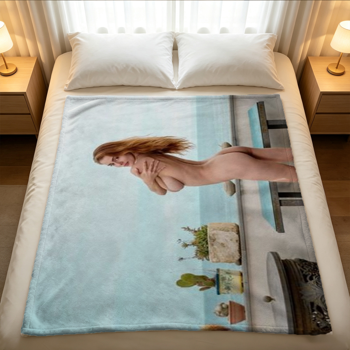 Blonde Woman in Teal Lace Lingerie Kneeling on Bed with Breakfast Tray - Blanket