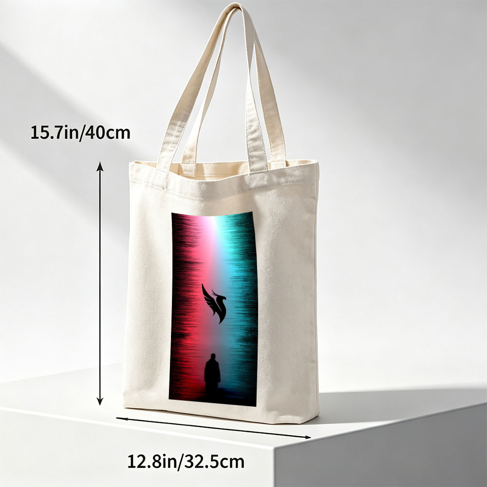 Linkin Park - Silhouette of a Man Standing Before a Winged Bird Symbol Against a Red and Blue Gradient Background - Canvas tote bags