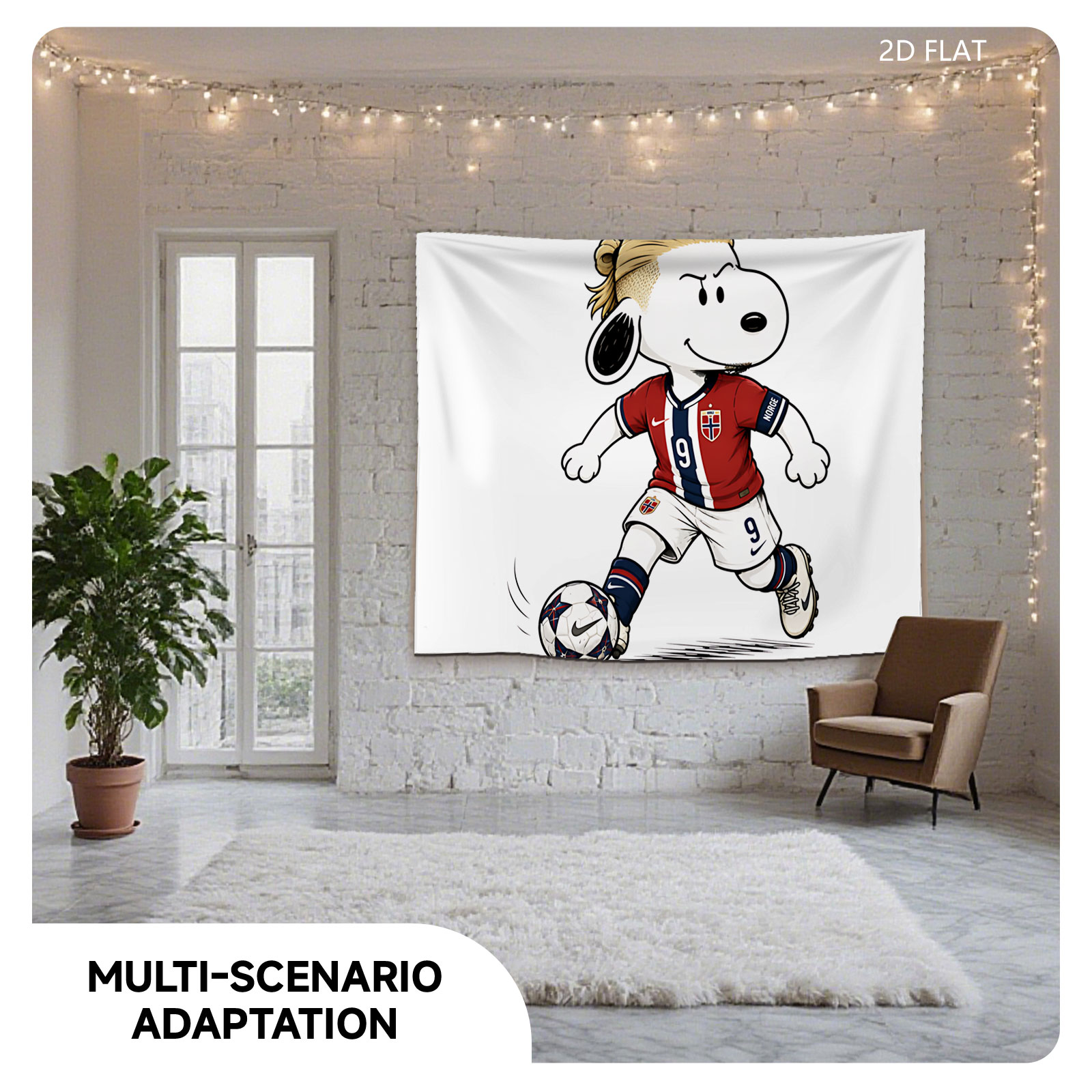 Snoopy as Norway Soccer Player, Wearing #9 Jersey, Kicking Ball - Tapestry