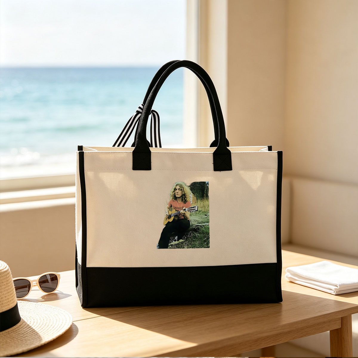 Roger Taylor Playing Acoustic Guitar Outdoors - Canvas patchwork gift tote bag