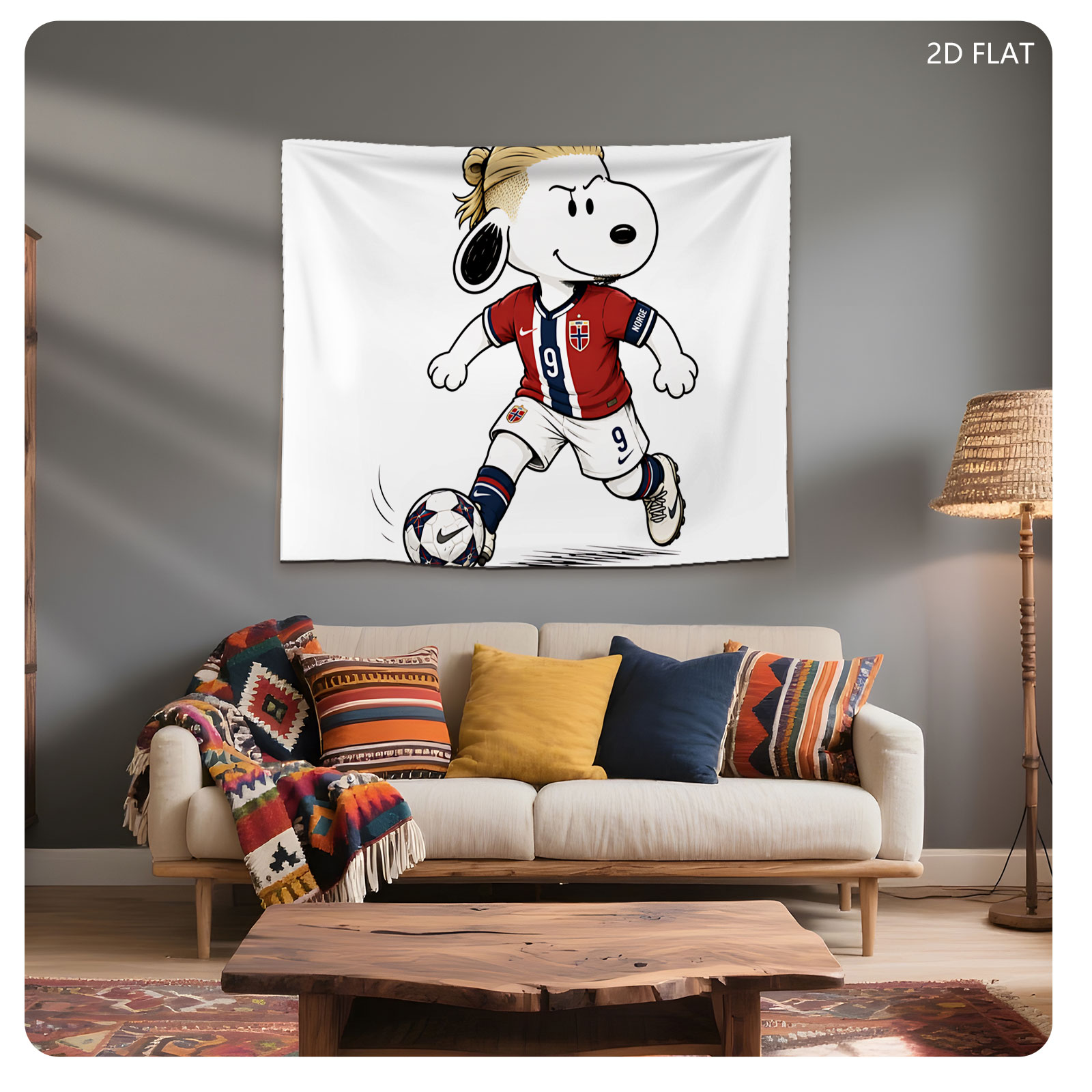 Snoopy as Norway Soccer Player, Wearing #9 Jersey, Kicking Ball - Tapestry