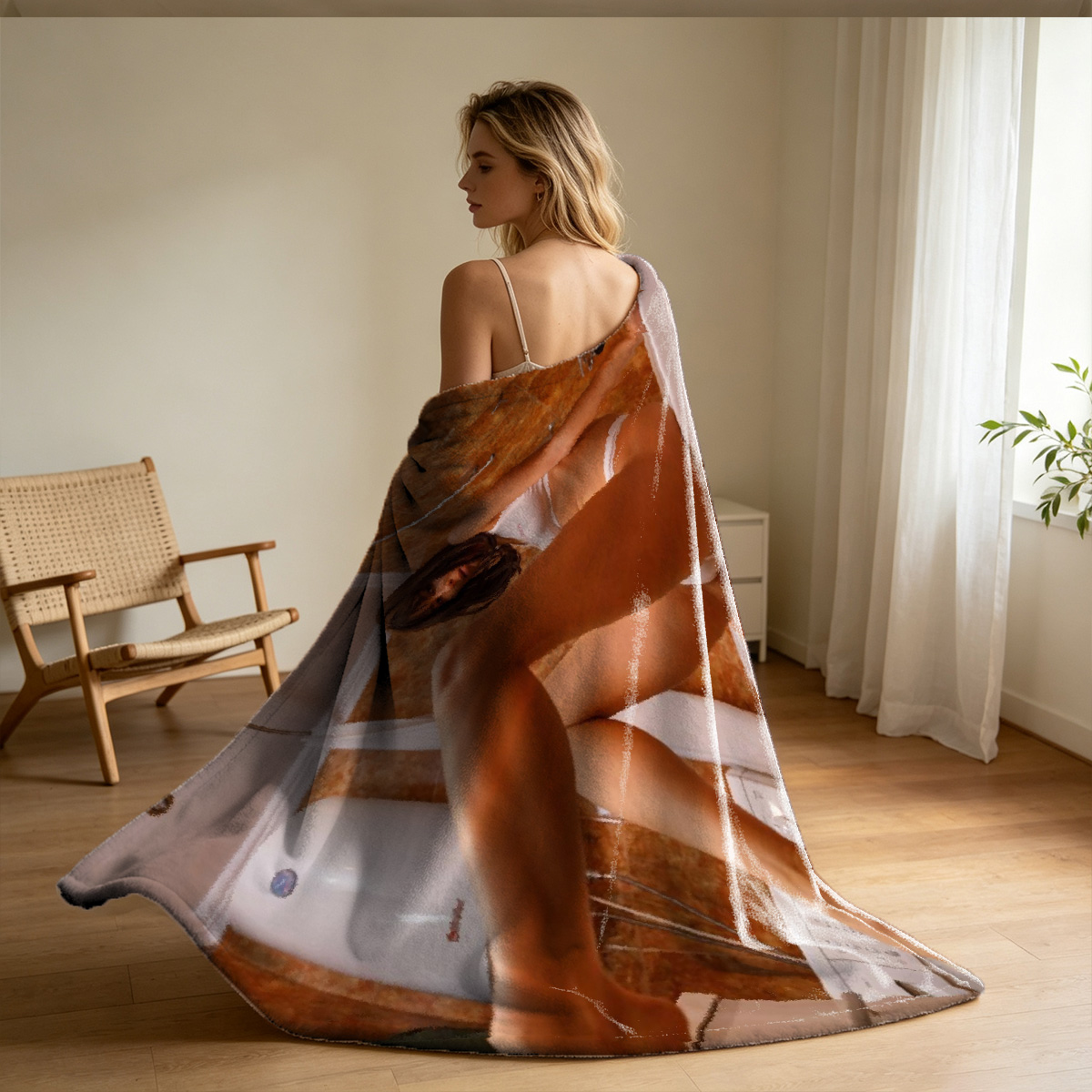 A woman in black lace lingerie and sheer robe poses seductively in a luxurious room. - Blanket