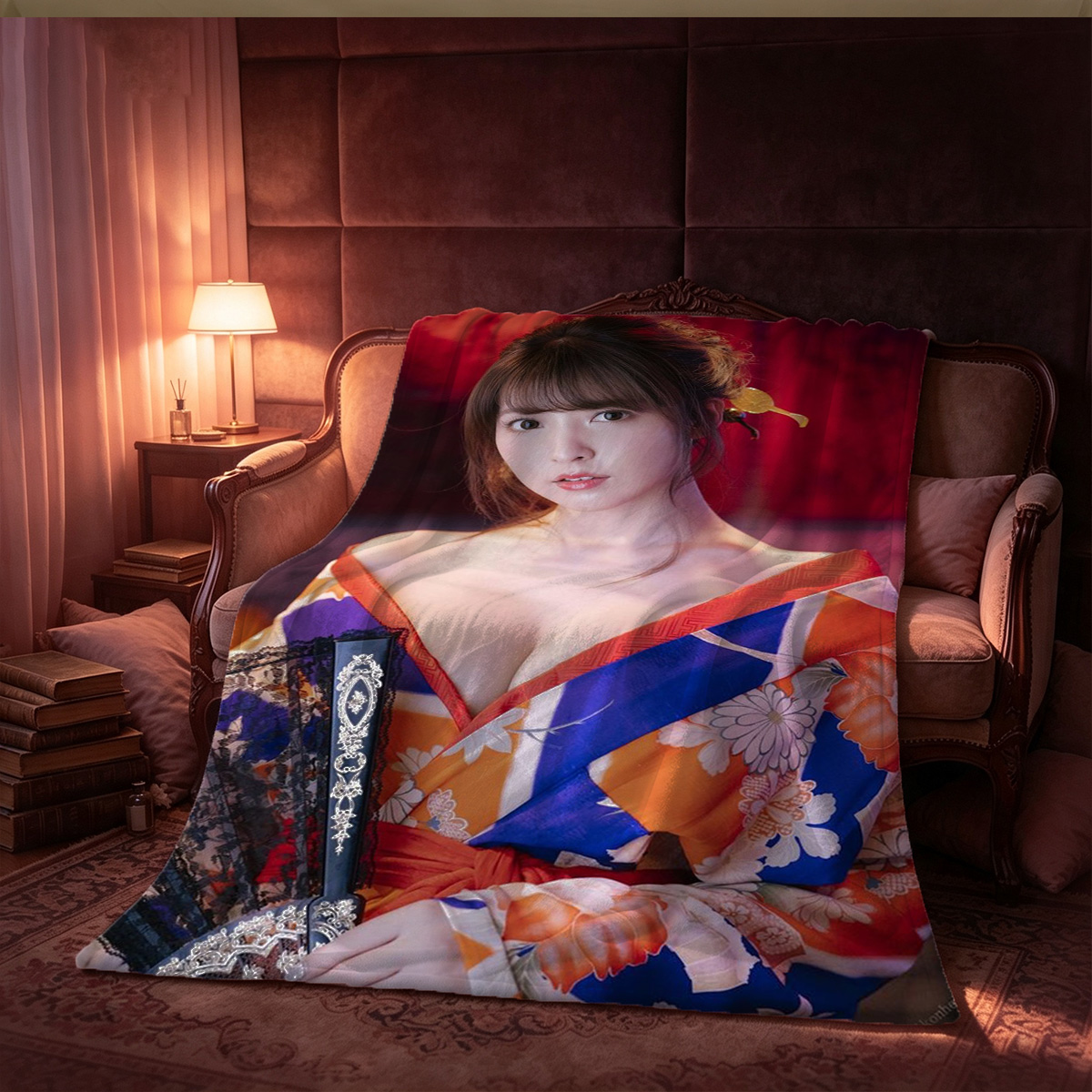 Nude redhead with curly hair posing topless over a mirror, arms crossed, purple nails. - Blanket