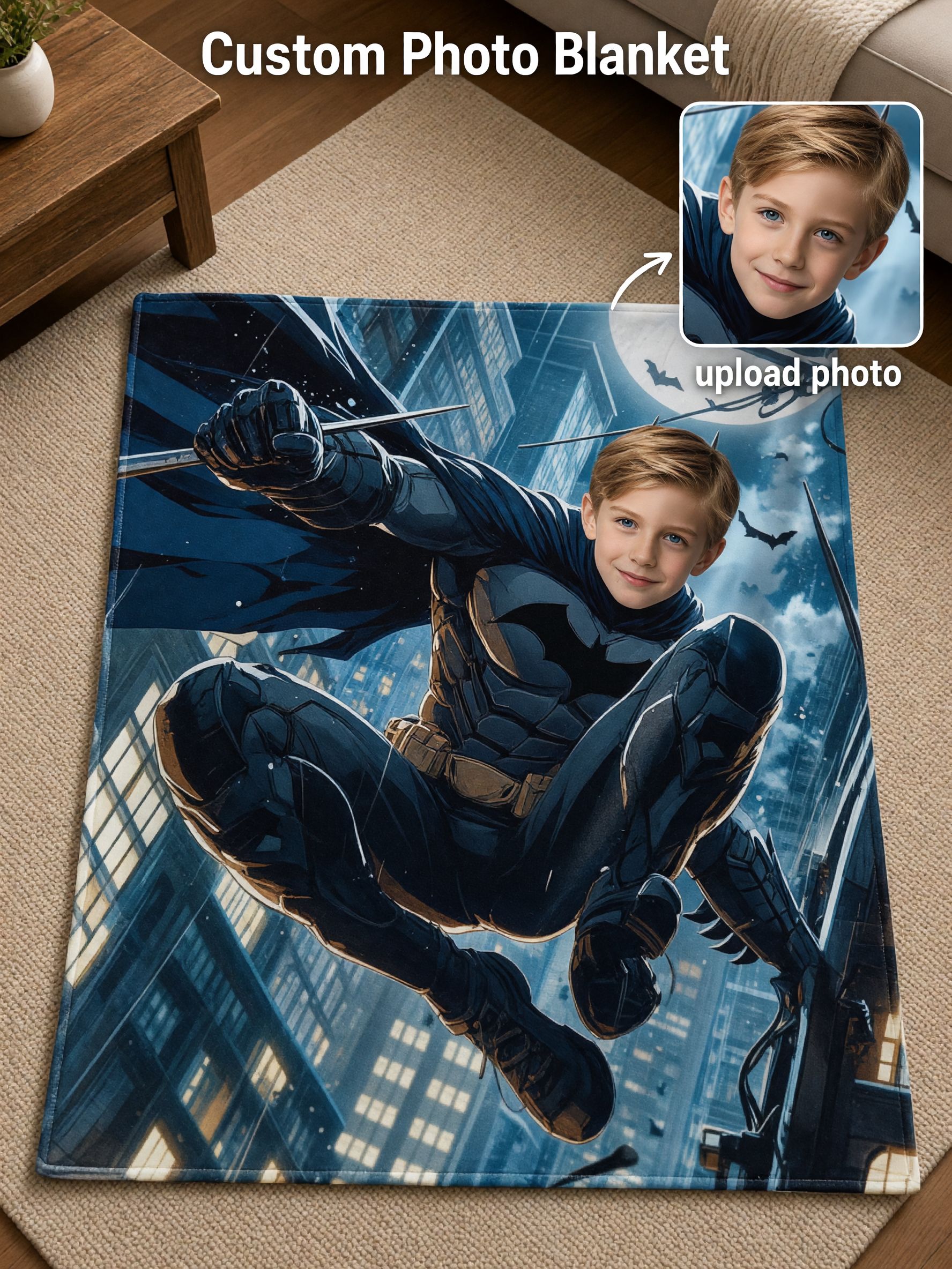 Personalized Superhero Photo Blanket, Custom Face Soft Flannel Throw, Cozy Skin-Friendly Bedding, Ideal Gift for Kids