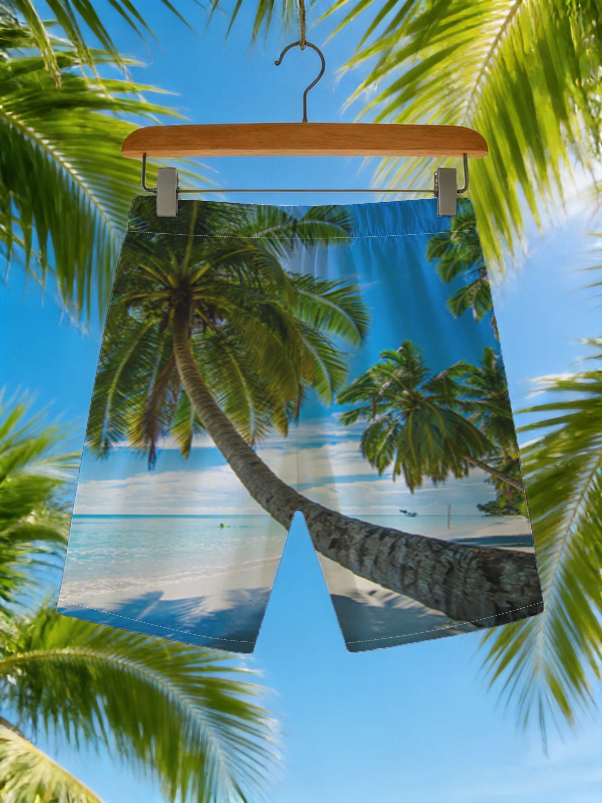 Tropical Beach with Swaying Palm Trees and Crystal Clear Waters -  Beach shorts