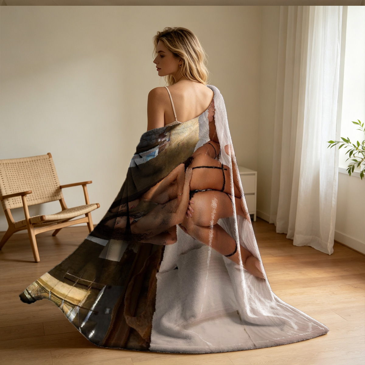 Nude Brunette Leaning on Kitchen Counter with Breakfast - Blanket