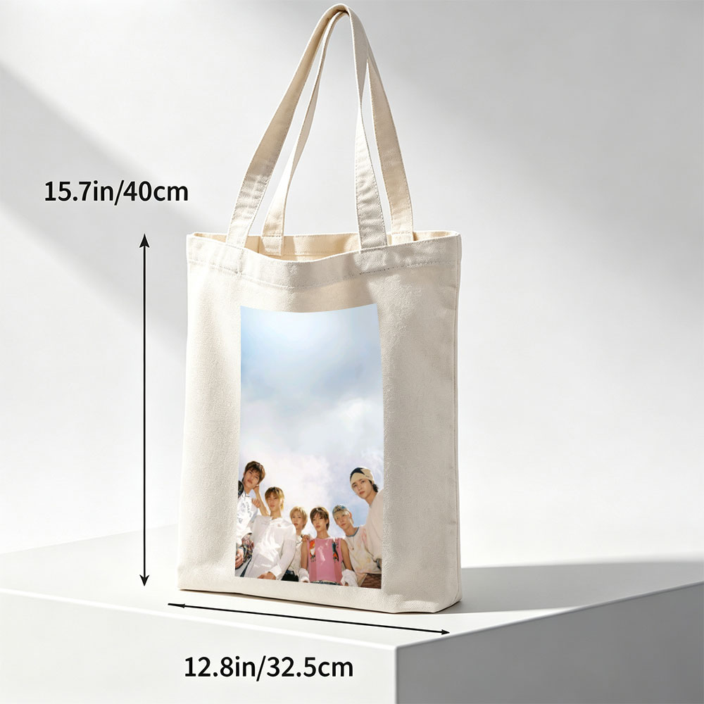 TXT Members Standing Together Under a Bright Sky in Casual Outfits - Canvas tote bags