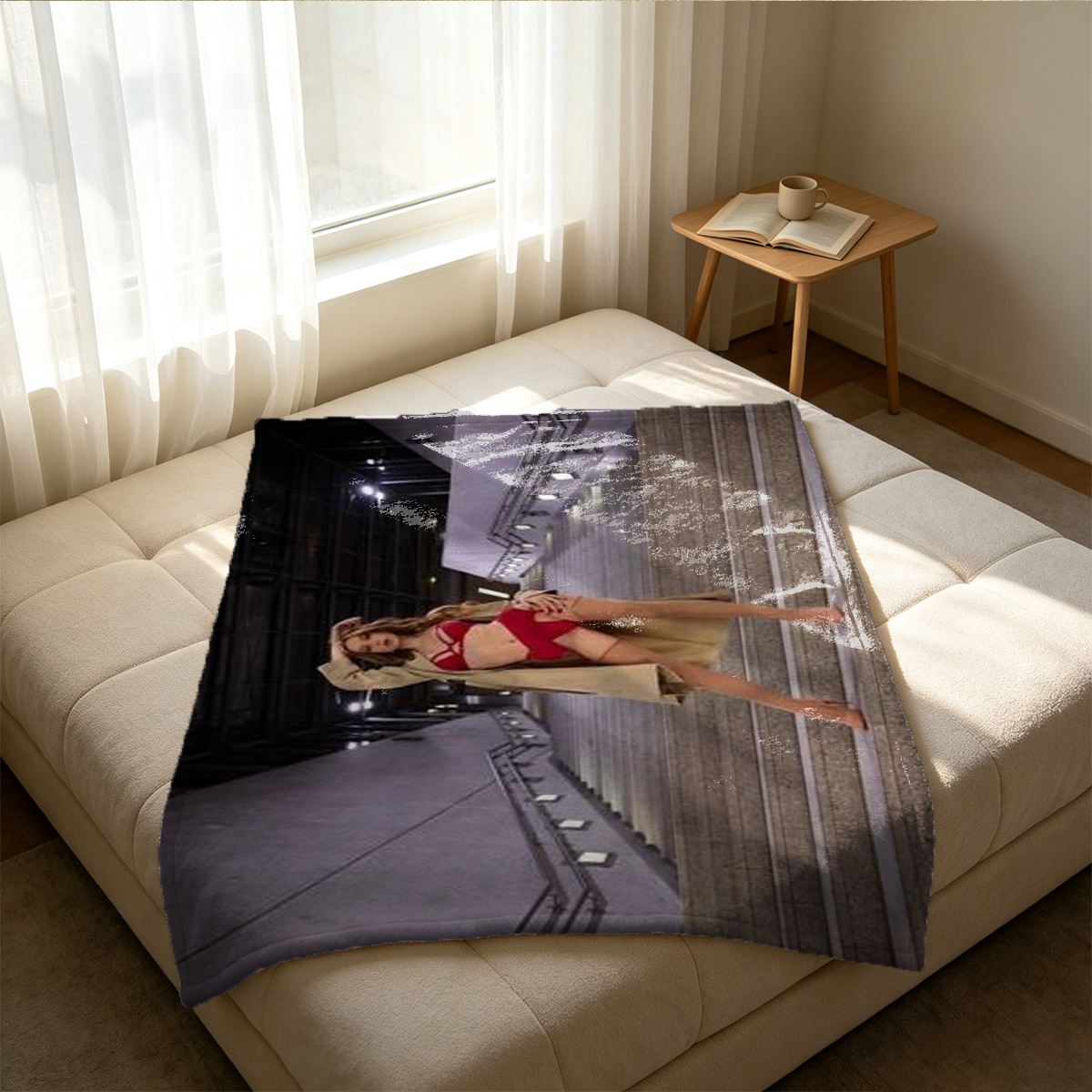A woman in white lace lingerie and stockings posing by a fireplace. - Blanket