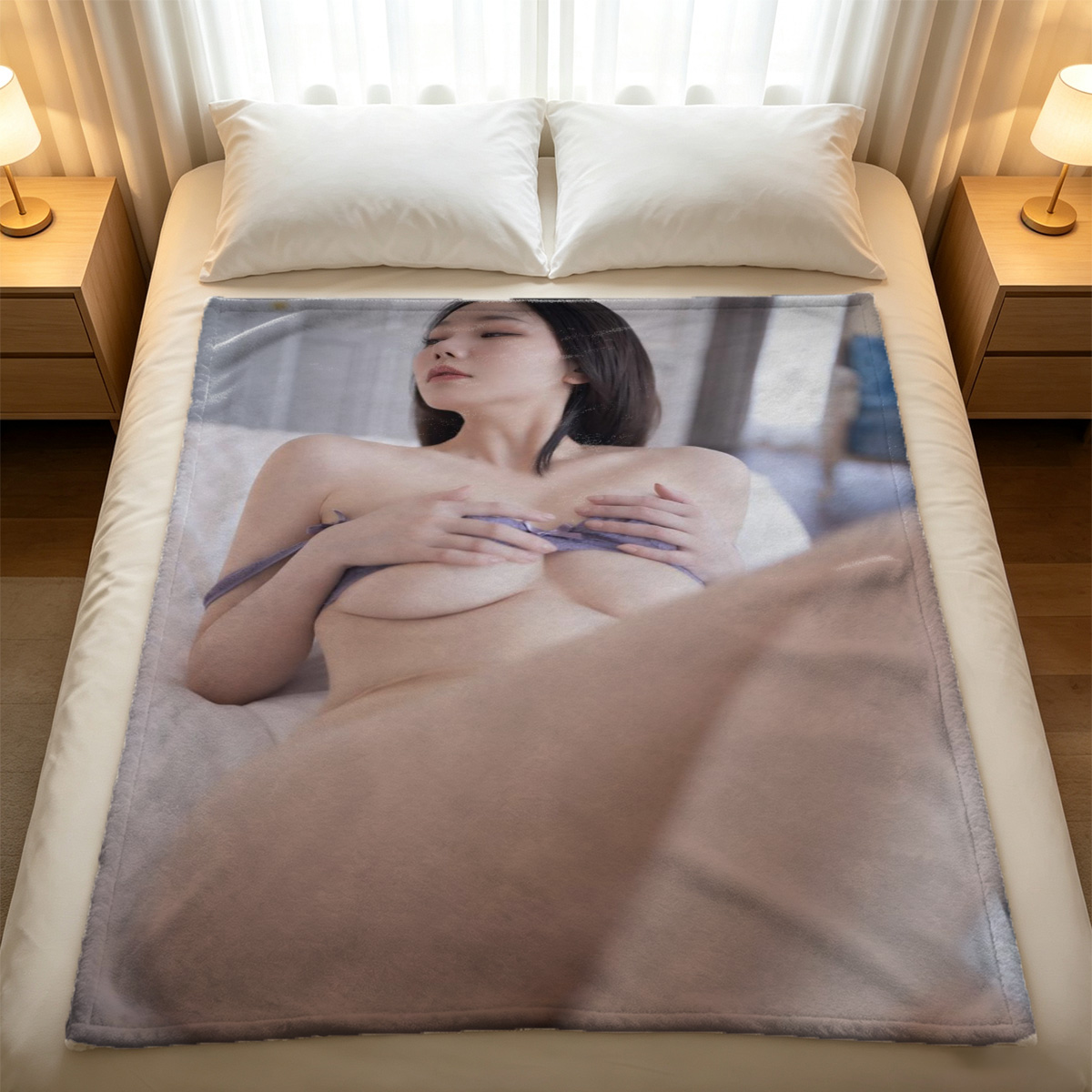Nude redhead sitting on purple floor, back view. - Blanket