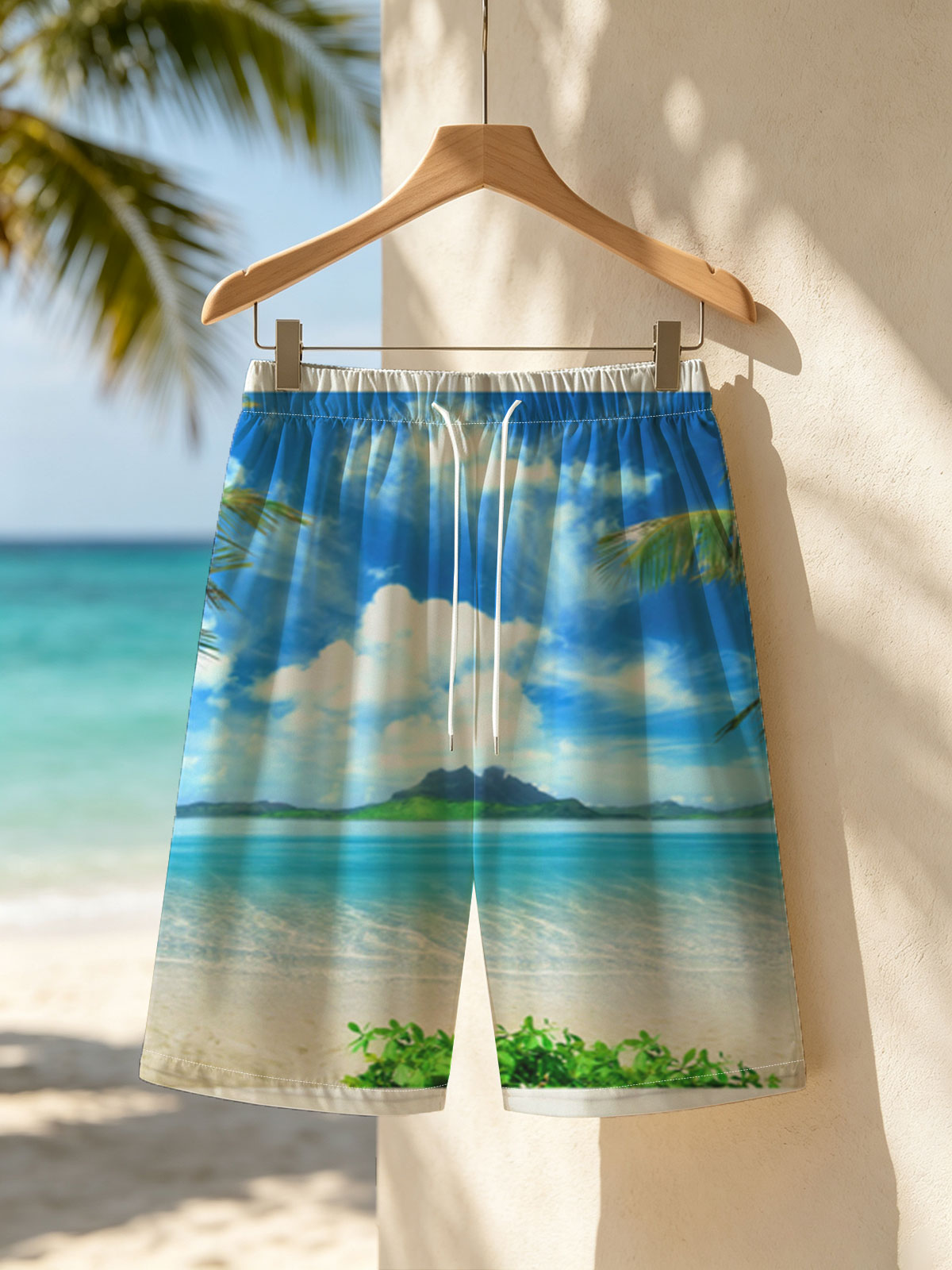 Tropical Beach with Crystal Clear Water and Lush Greenery -  Beach shorts