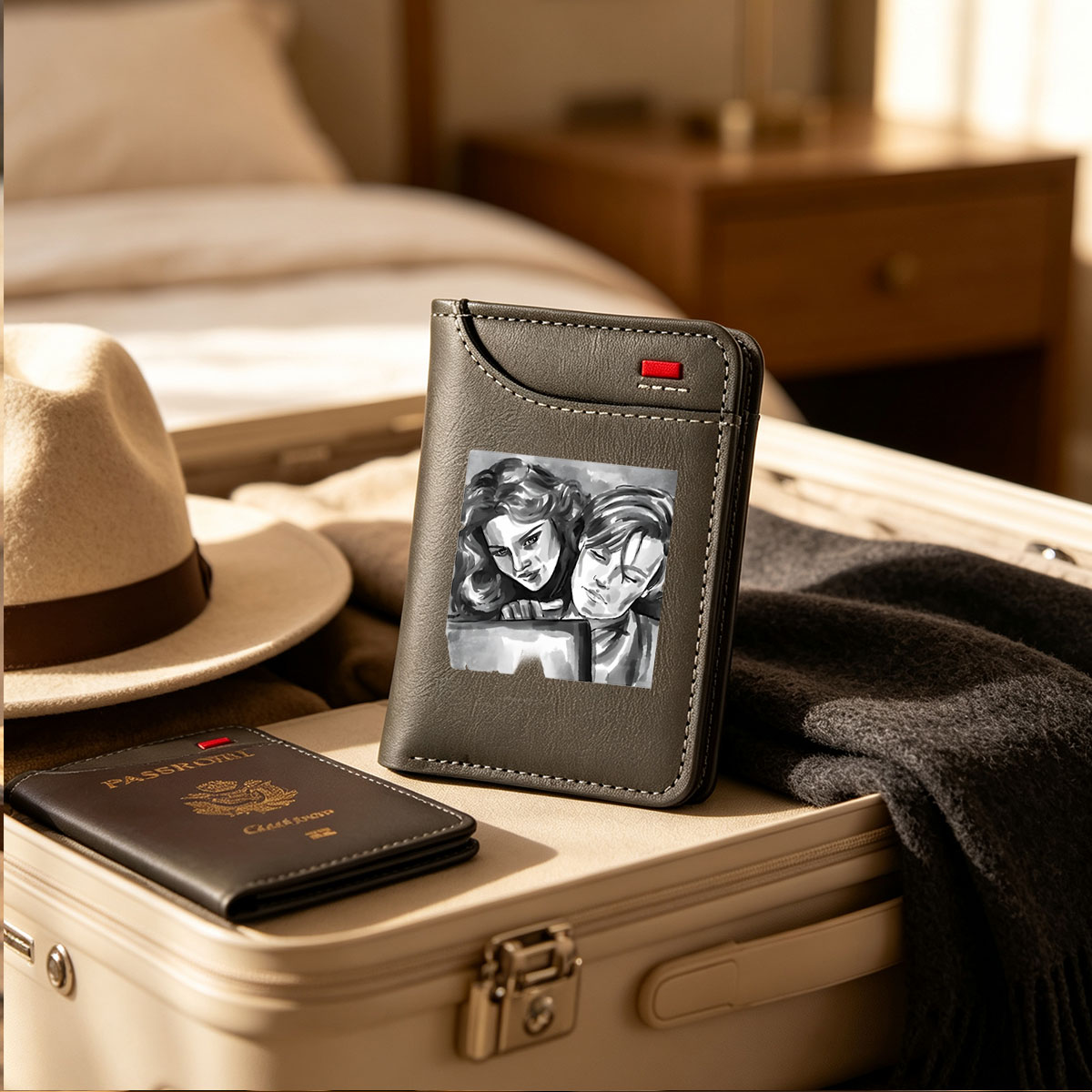 Two Characters Sharing a Moment in Black and White Art - Vertical Style Wallet
