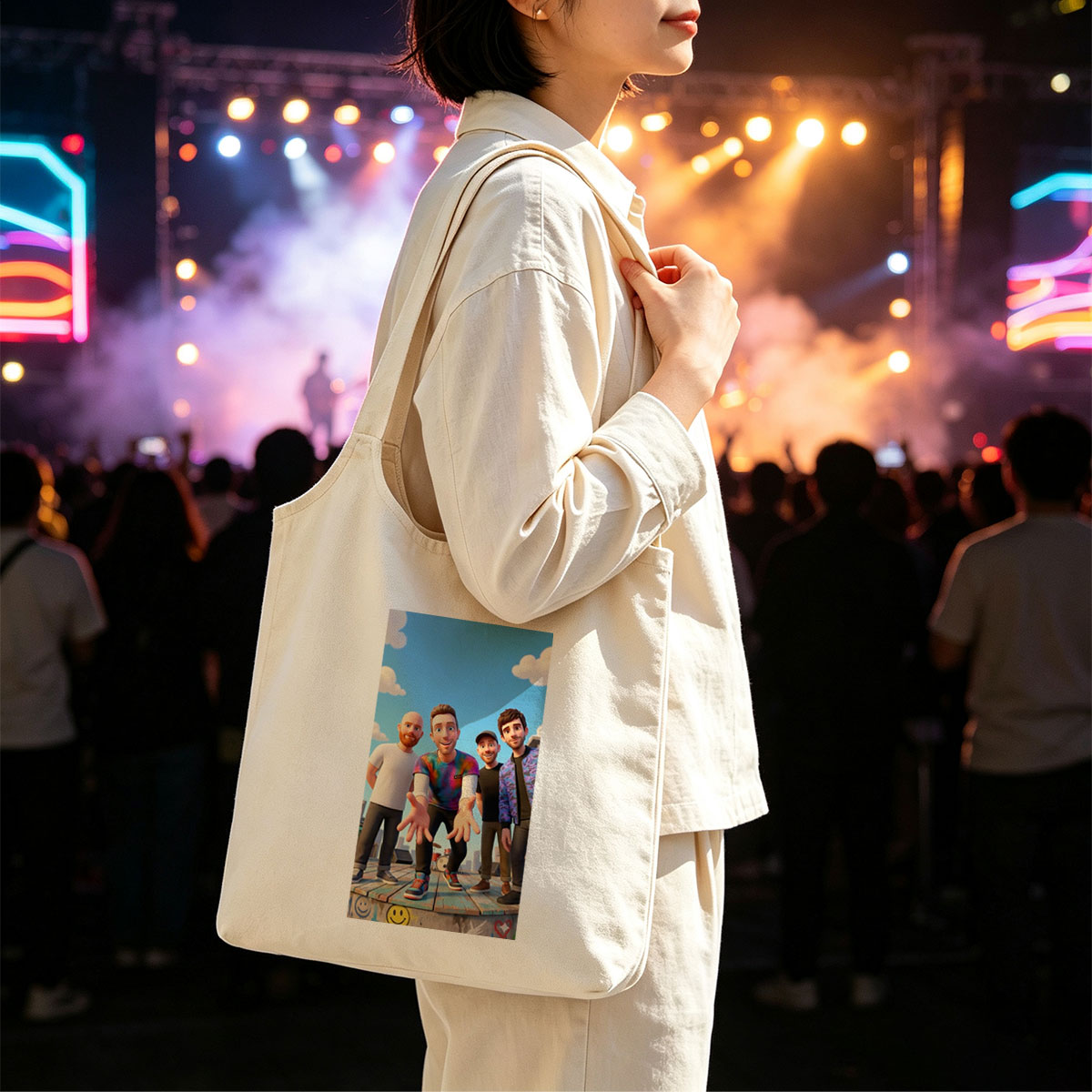 The Lonely Island Band Members on a Rooftop Stage with Graffiti and City Skyline Background - Canvas shoulder bags/