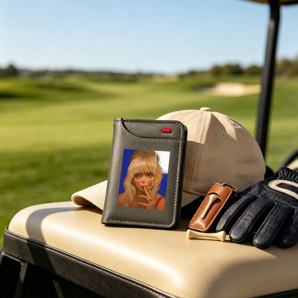 Blonde Woman Smoking Cigarette with Red Earrings and Ring - Vertical Style Wallet